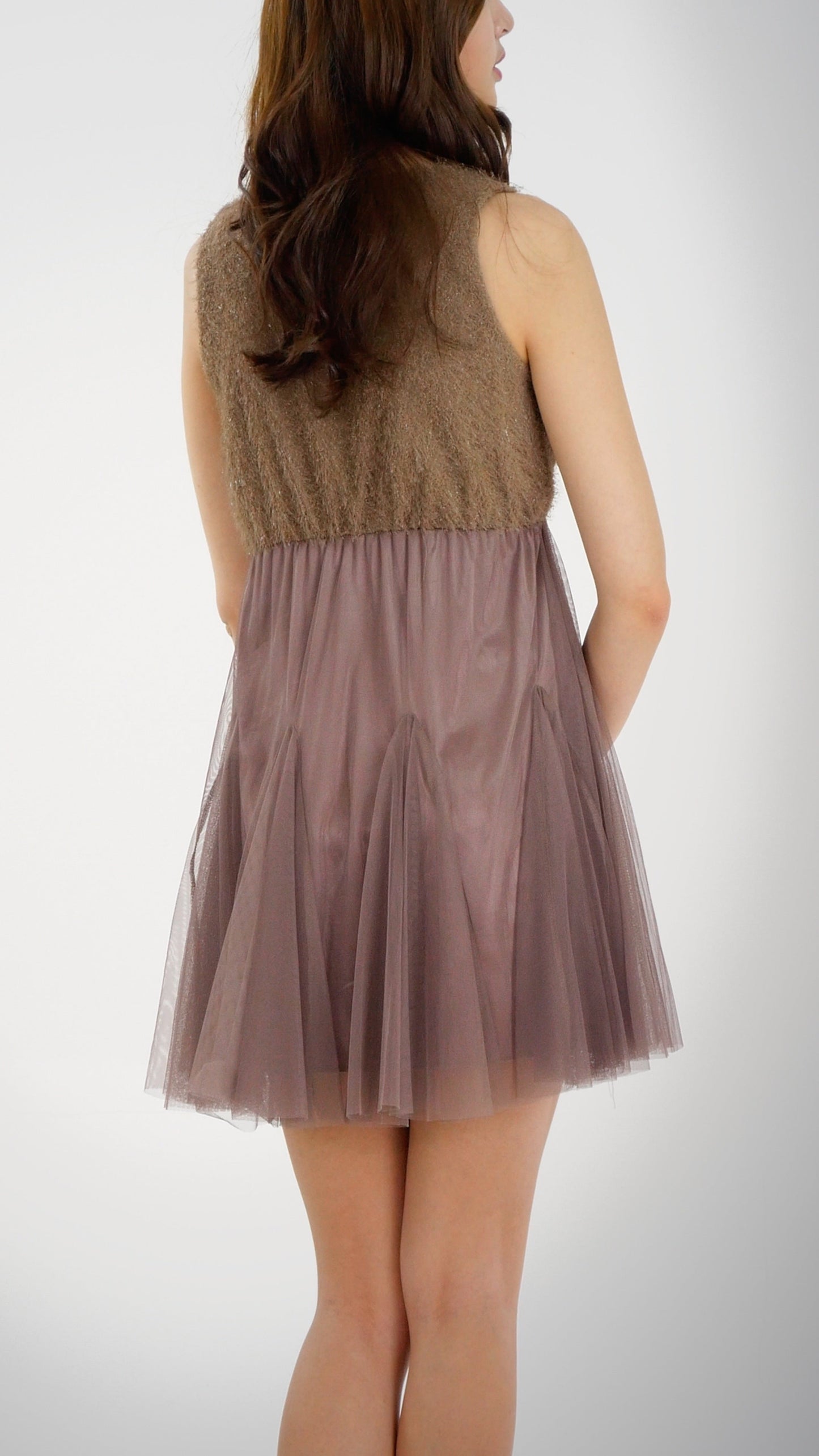Fluffy Top and Mesh Bottomed Sleeveless Mini Dress - Shop Lev