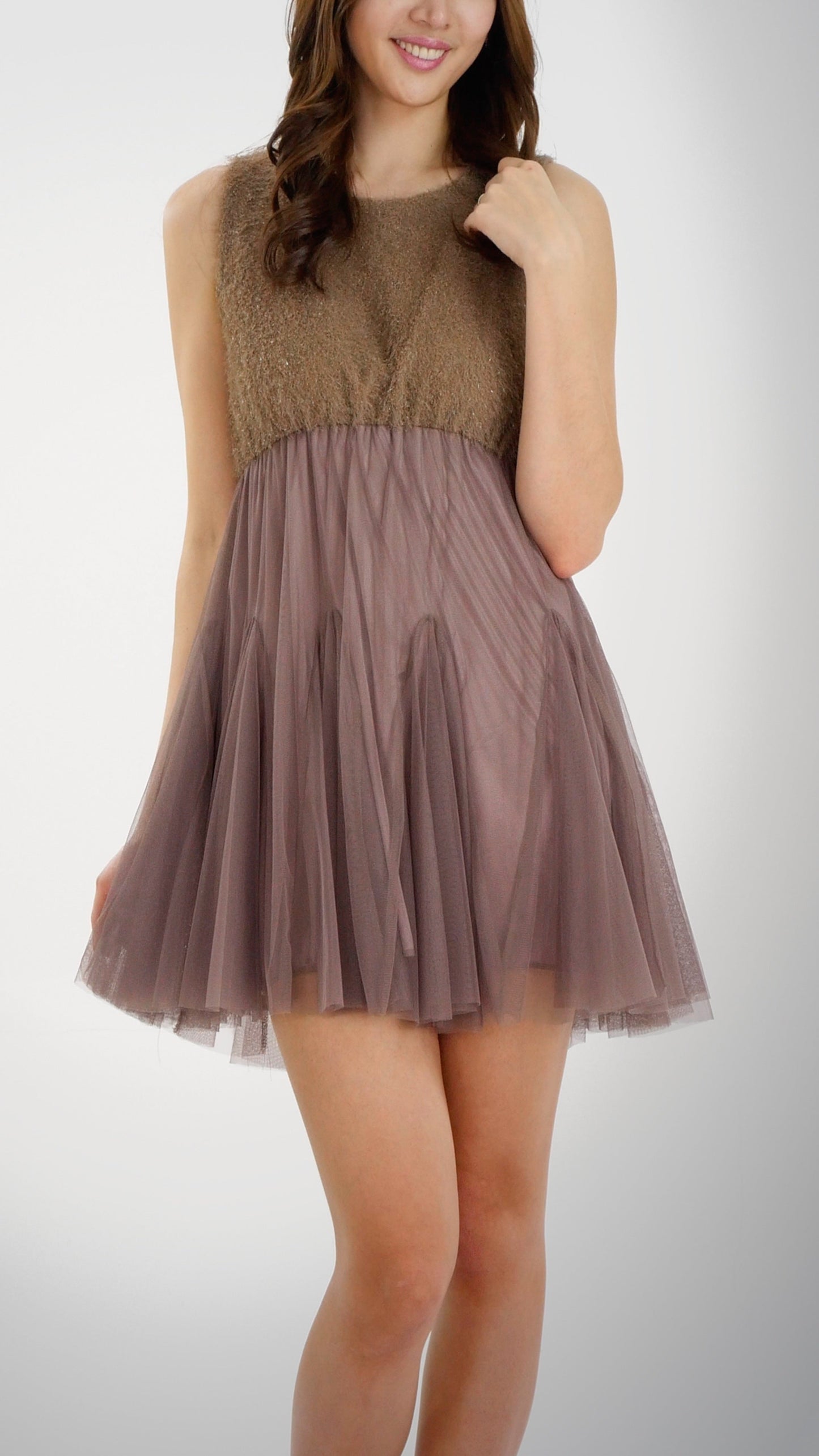 Fluffy Top and Mesh Bottomed Sleeveless Mini Dress - Shop Lev