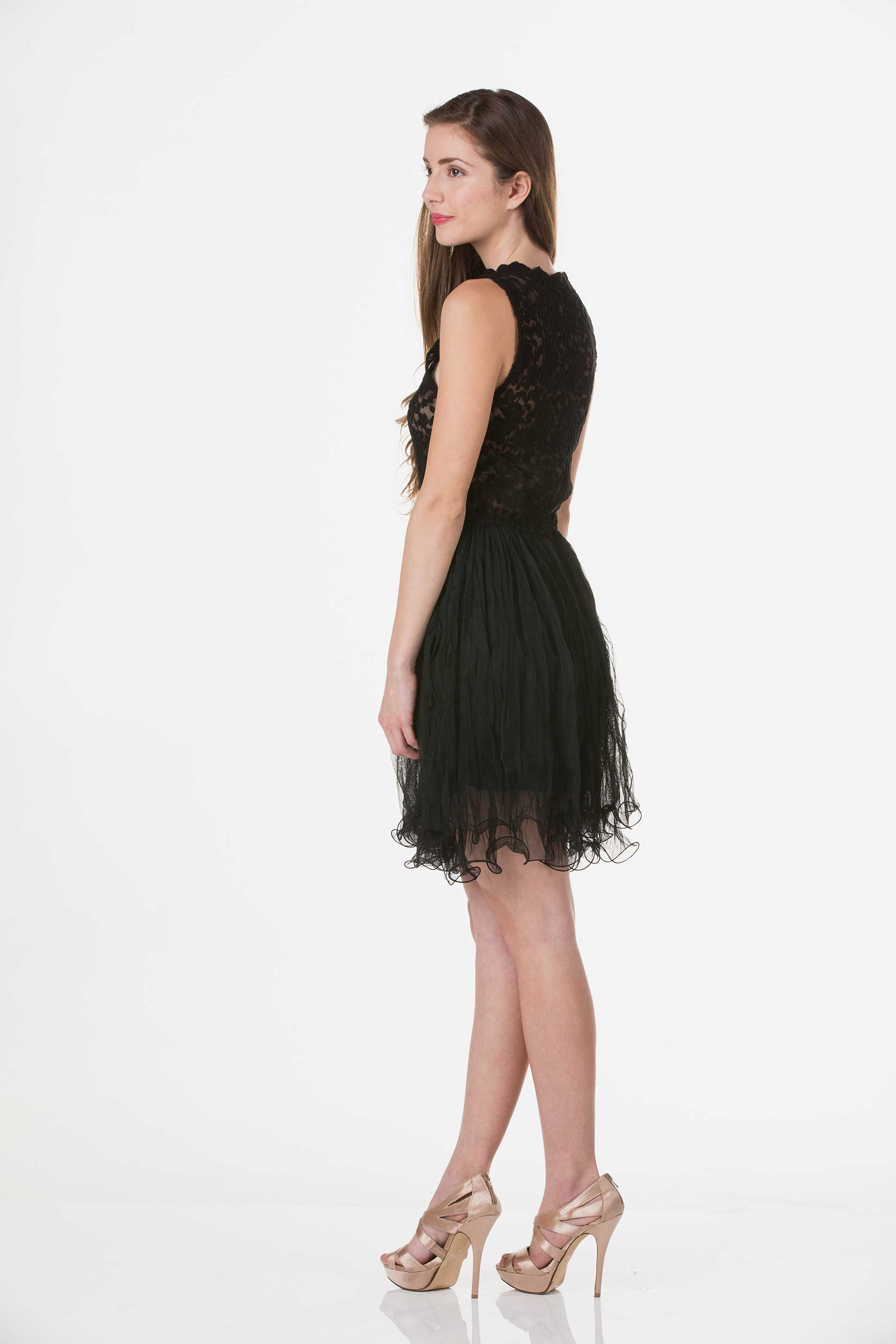 Embossed Lace Midi Dress with Crinkled Mesh Skirt - Shop Lev