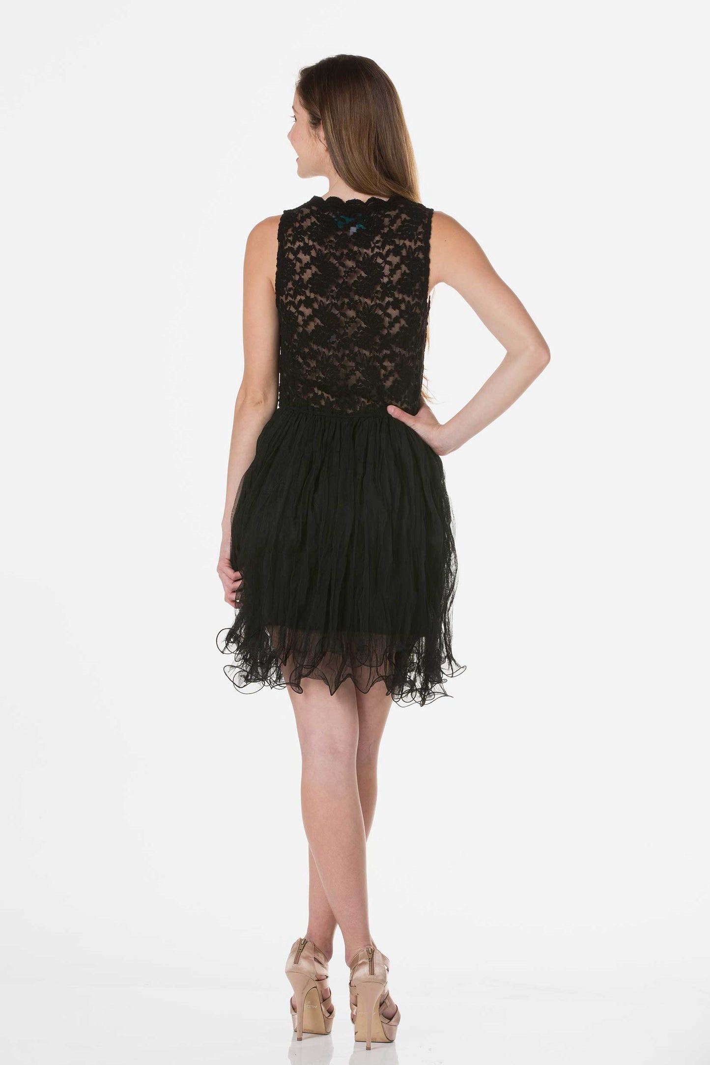 Embossed Lace Midi Dress with Crinkled Mesh Skirt - Shop Lev