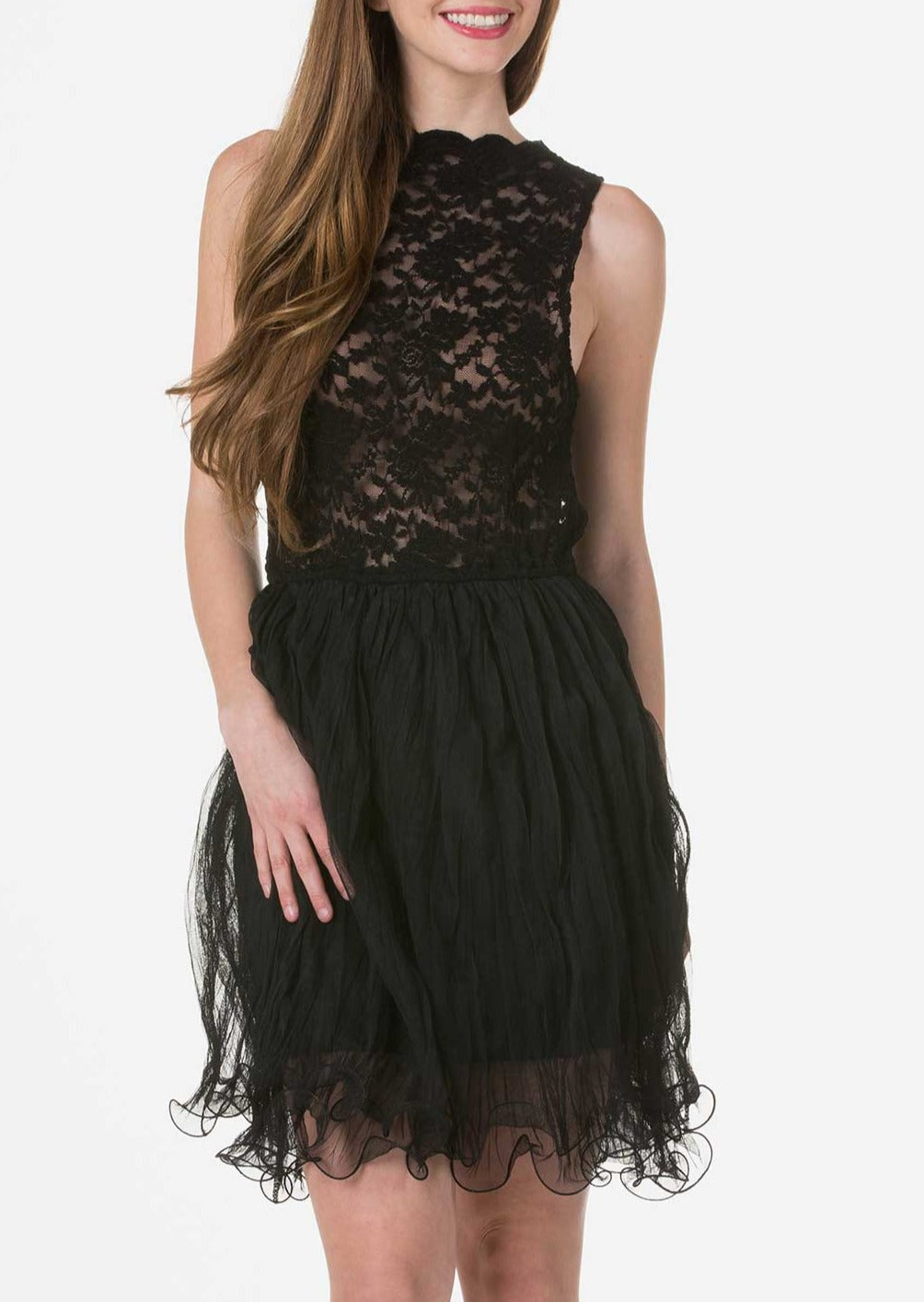 Embossed Lace Midi Dress with Crinkled Mesh Skirt - Shop Lev