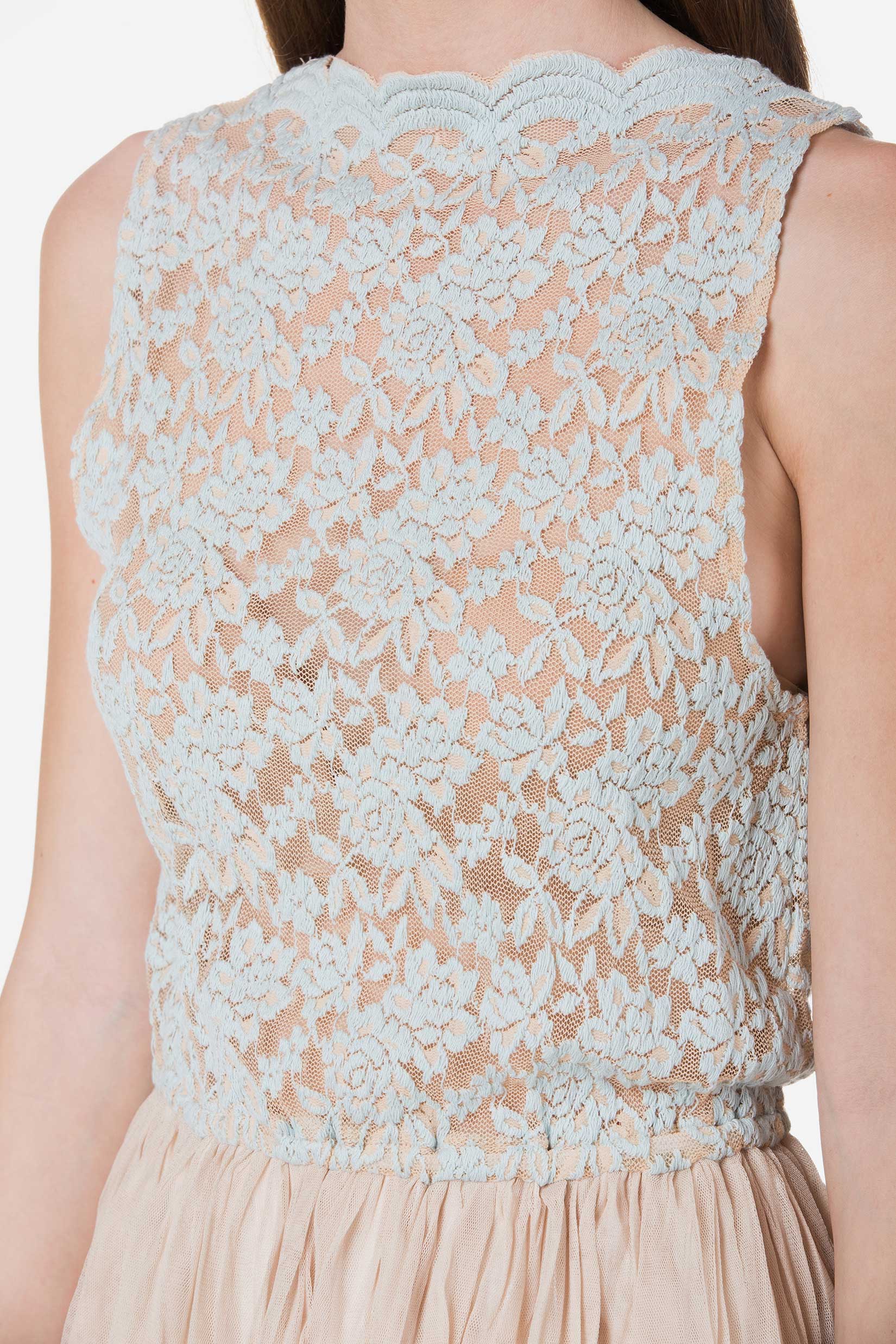 Embossed Lace Midi Dress with Crinkled Mesh Skirt - Shop Lev