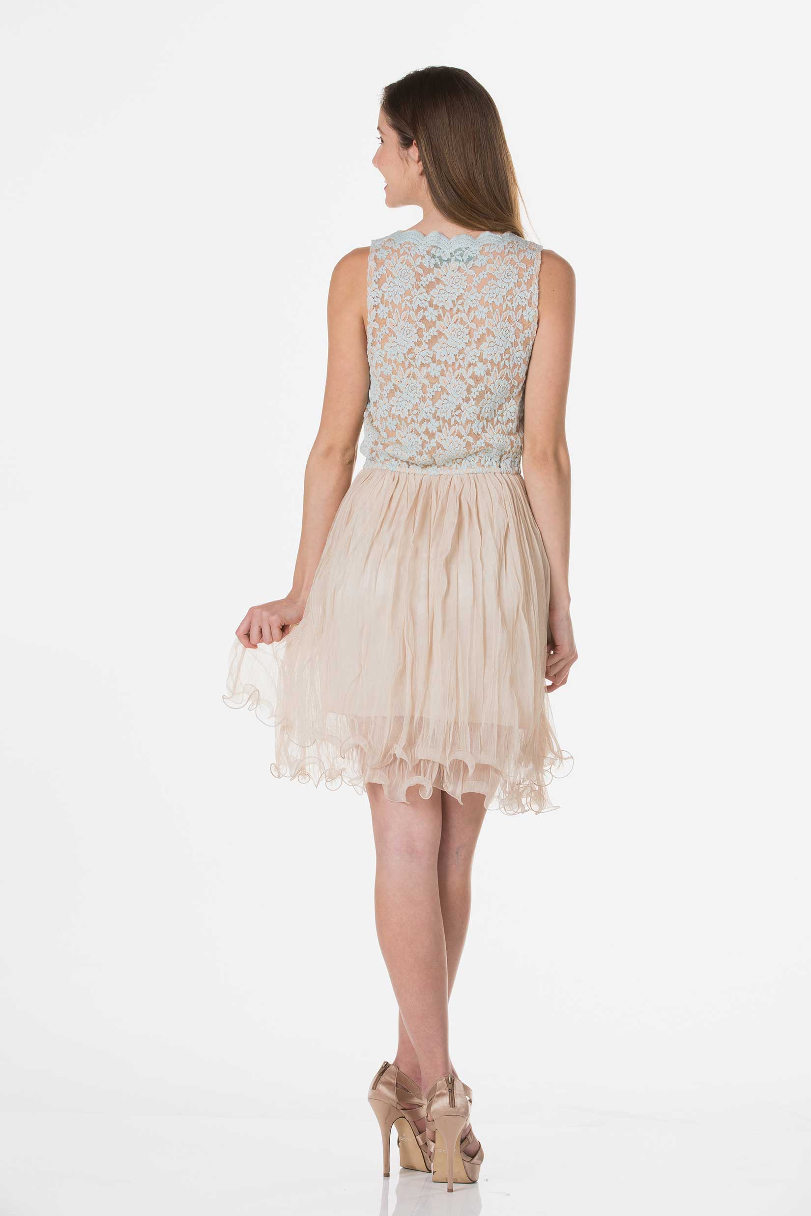 Embossed Lace Midi Dress with Crinkled Mesh Skirt - Shop Lev
