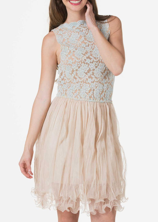 Embossed Lace Midi Dress with Crinkled Mesh Skirt - Shop Lev