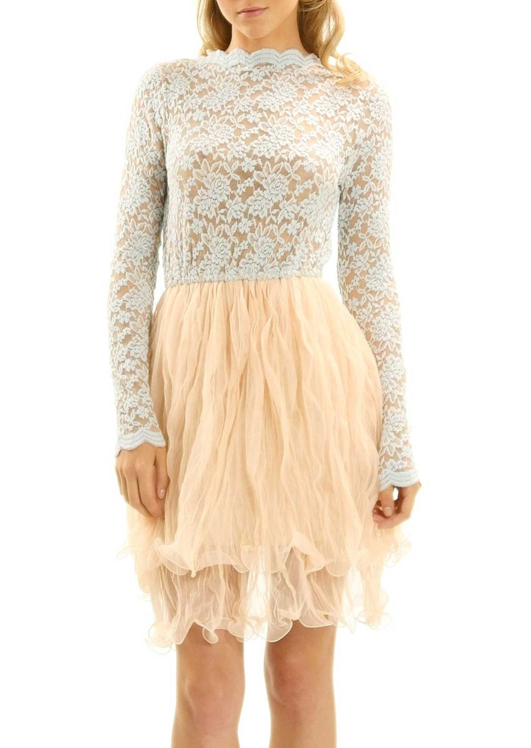 Embossed Lace Long Sleeve Dress with Crinkled Double Mesh Skirt - Shop Lev