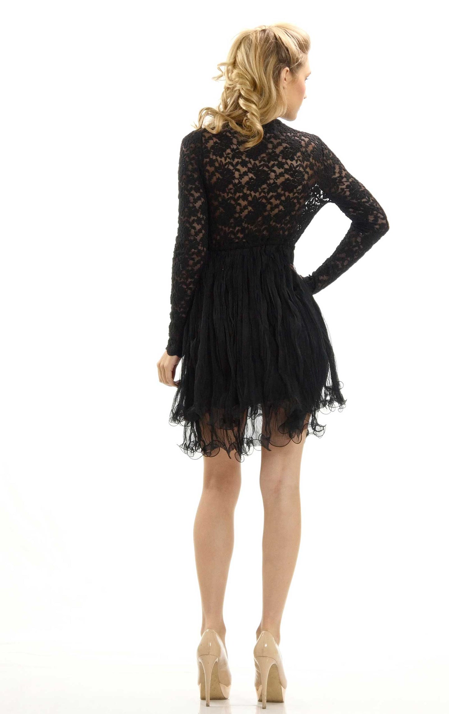 Embossed Lace Long Sleeve Dress with Crinkled Double Mesh Skirt - Shop Lev