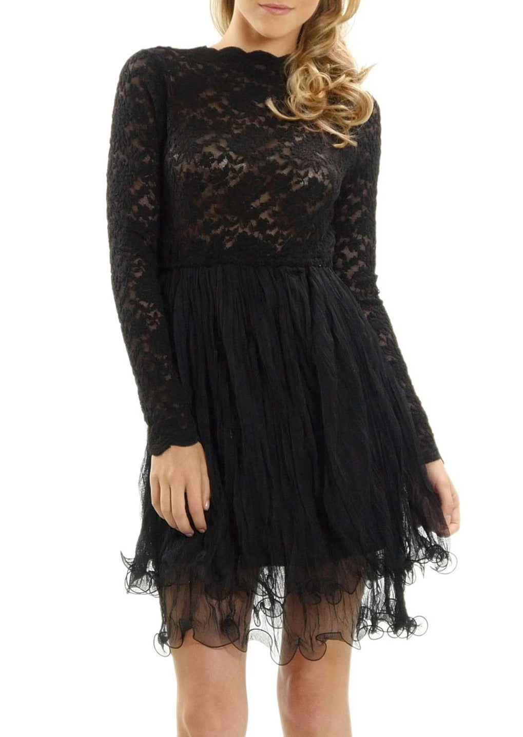 Embossed Lace Long Sleeve Dress with Crinkled Double Mesh Skirt - Shop Lev