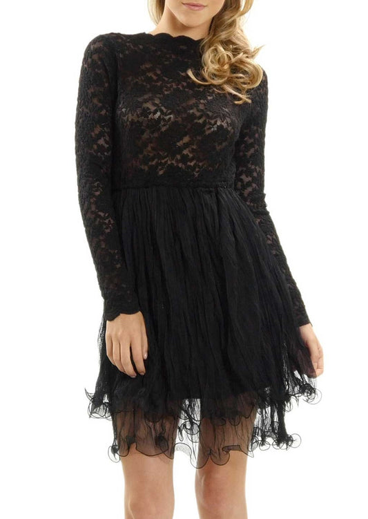 Embossed Lace Long Sleeve Dress with Crinkled Double Mesh Skirt - Shop Lev