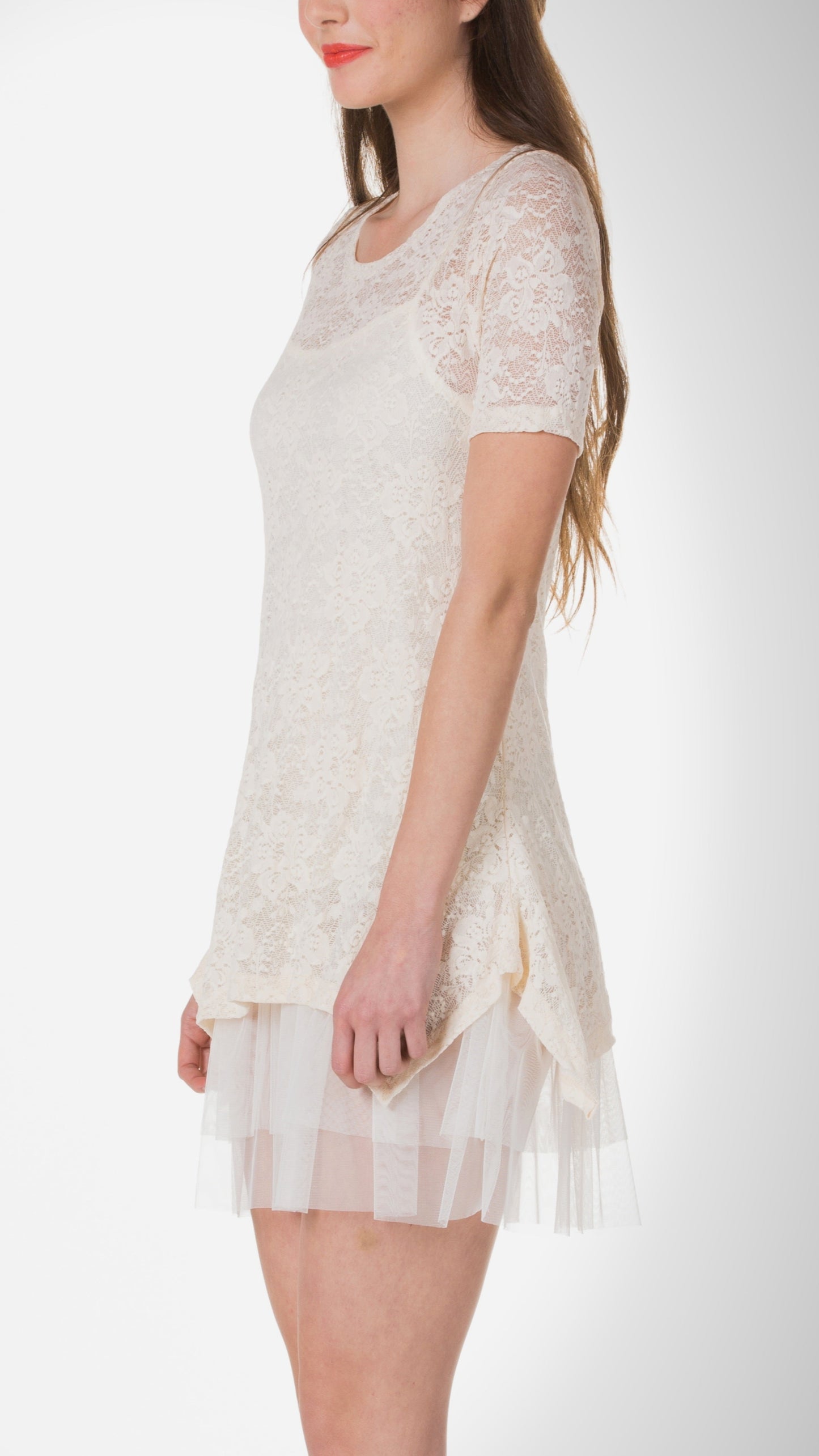 Lace Short Sleeve Dress with Mesh Slip - Shop Lev
