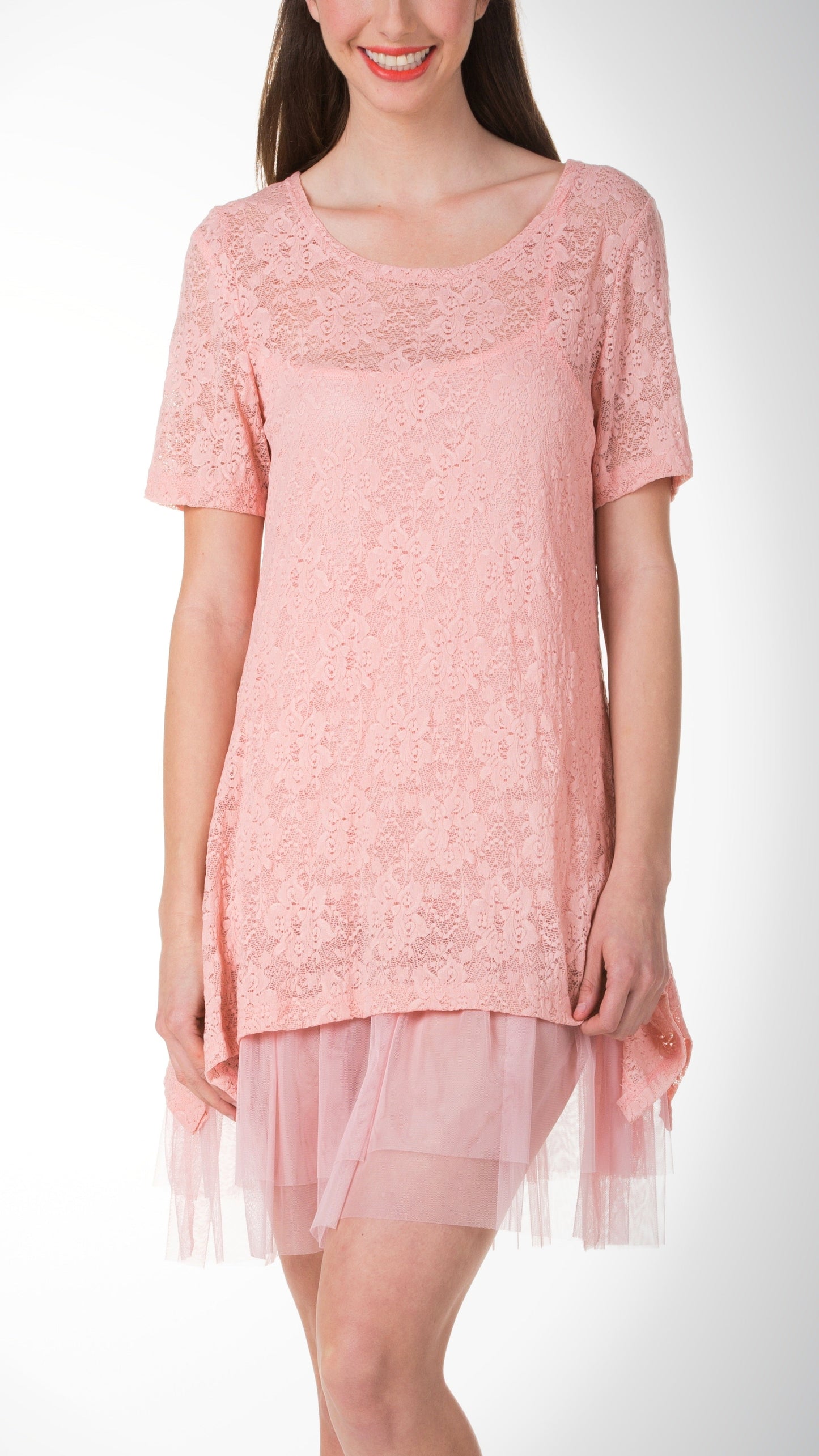 Lace Short Sleeve Dress with Mesh Slip - Shop Lev