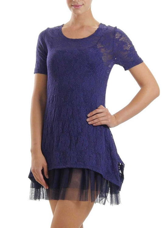 Lace Short Sleeve Dress with Mesh Slip - Shop Lev