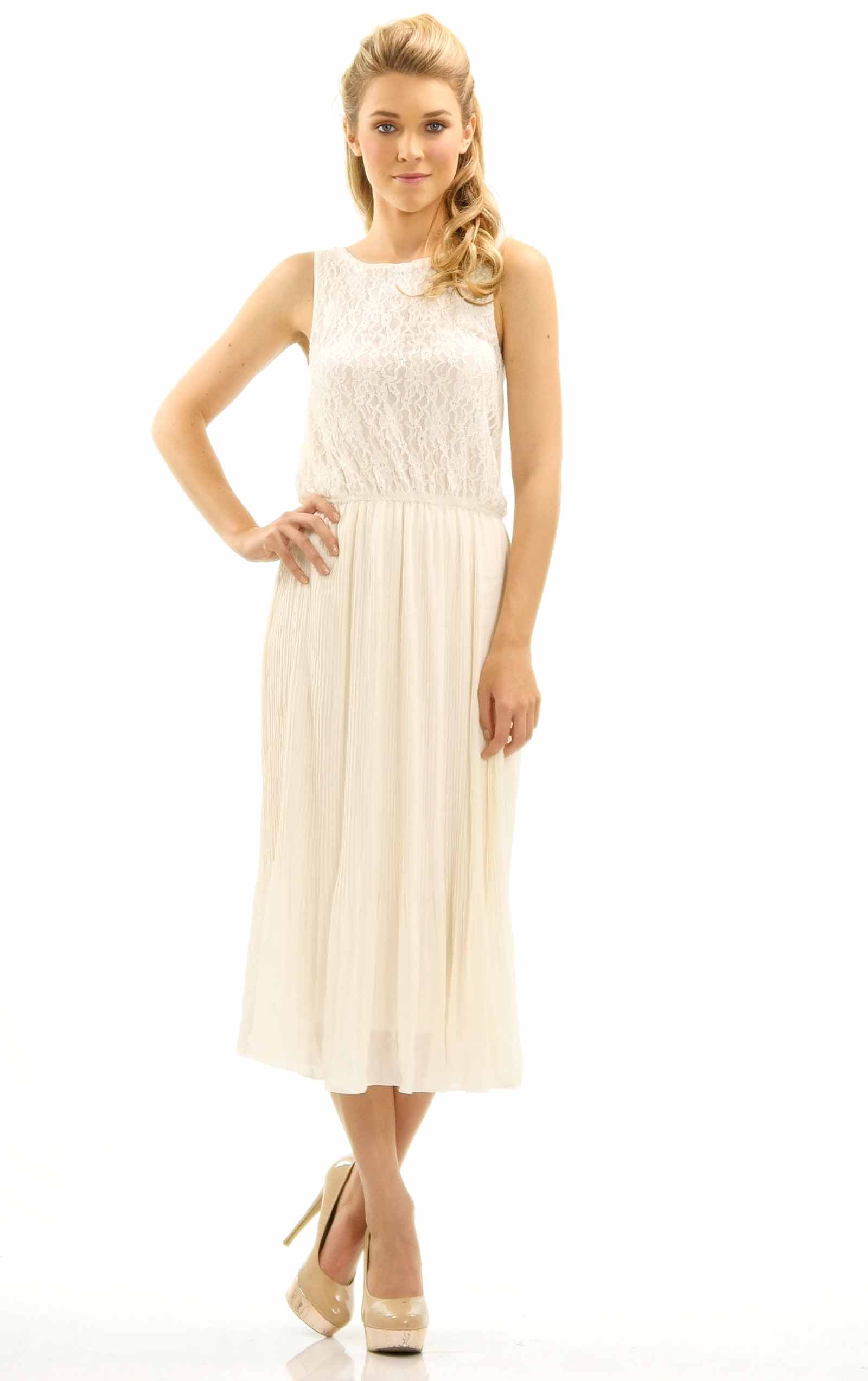 Women's Lace Top with Pleated Skirt Midi Dress - Shop Lev