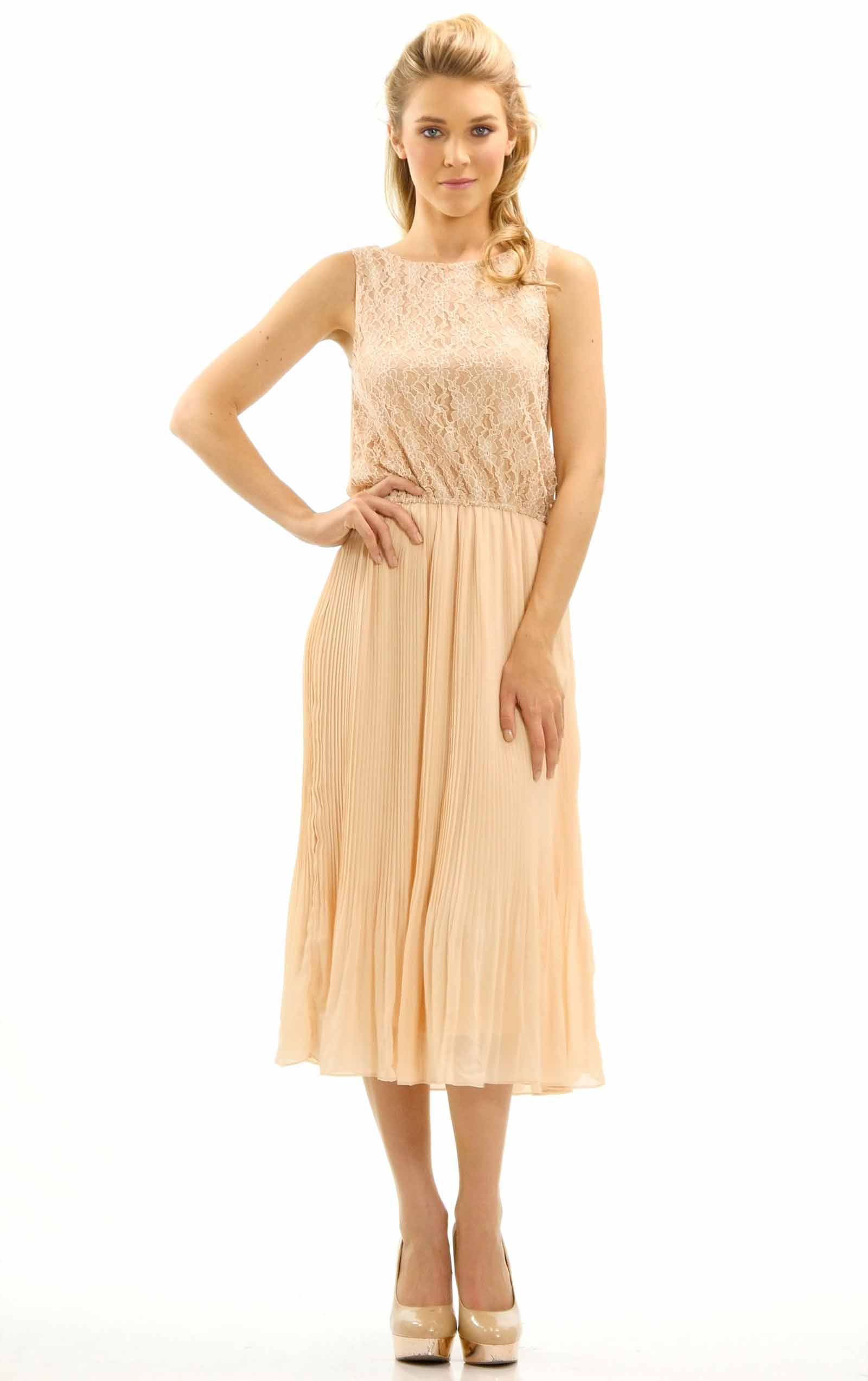 Women's Lace Top with Pleated Skirt Midi Dress - Shop Lev