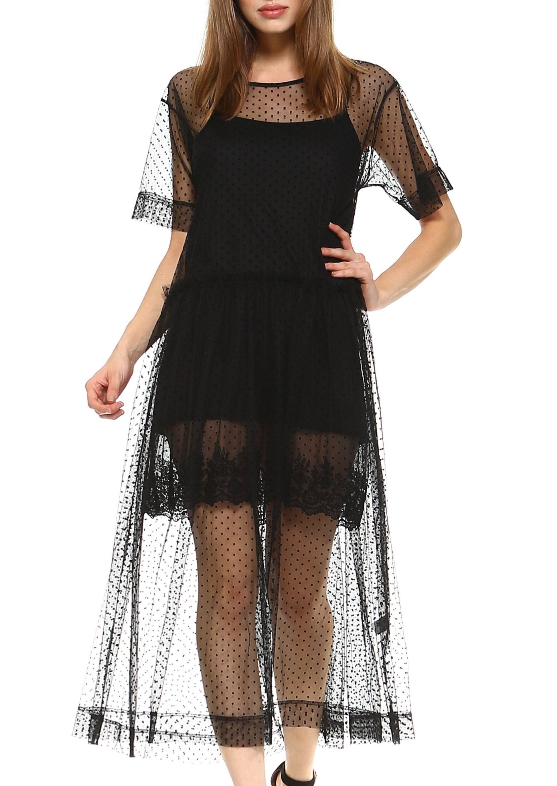 Women polka dot summer mesh dress (BLACK, SMALL) - Shop Lev
