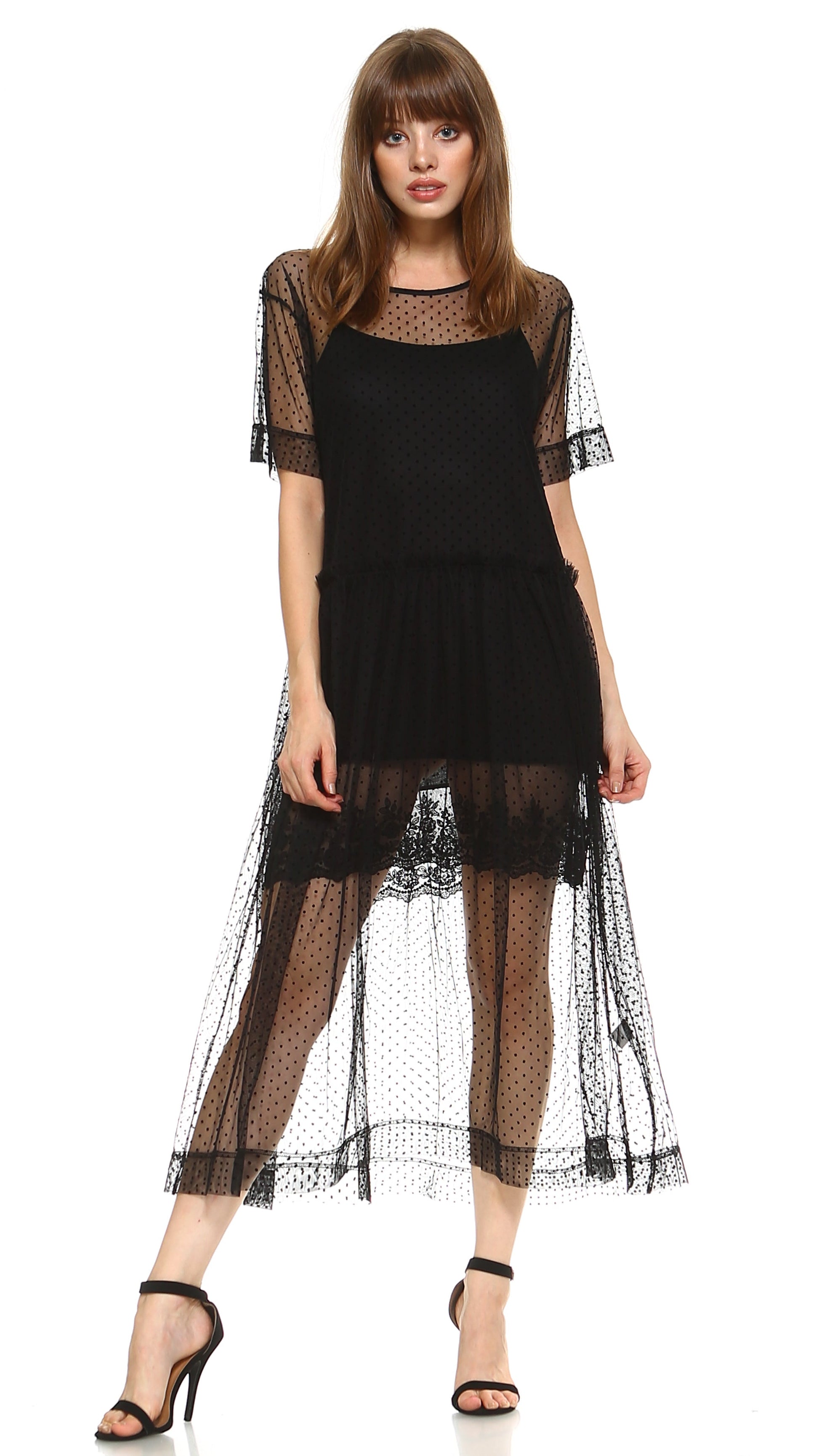 Women polka dot summer mesh dress (BLACK, SMALL) - Shop Lev
