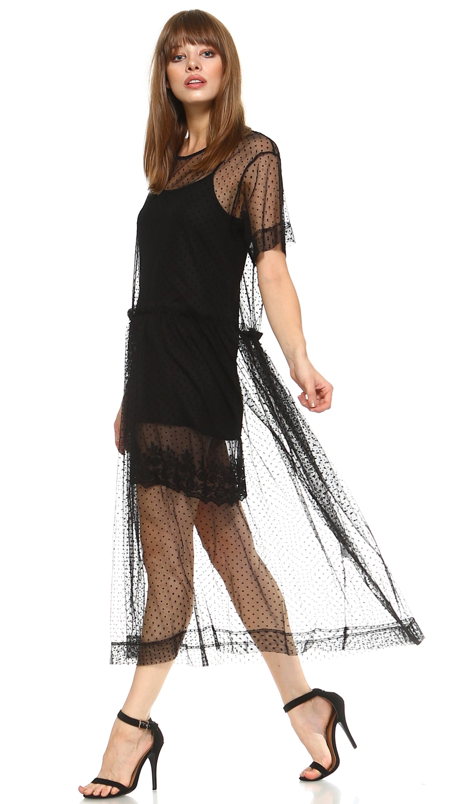 Women polka dot summer mesh dress (BLACK, SMALL) - Shop Lev