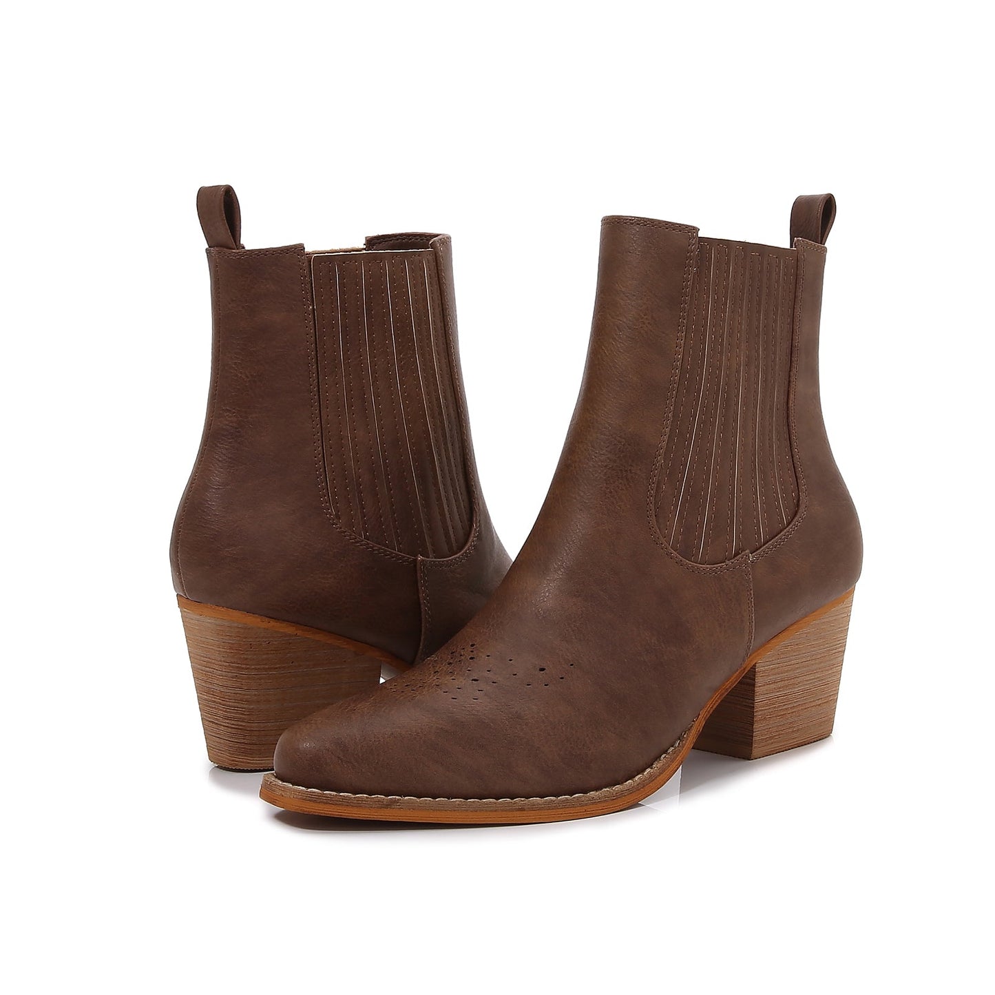 Women PU Leather Perforated Front Stacked Heel Ankle Boots with Elastic Side Gussets