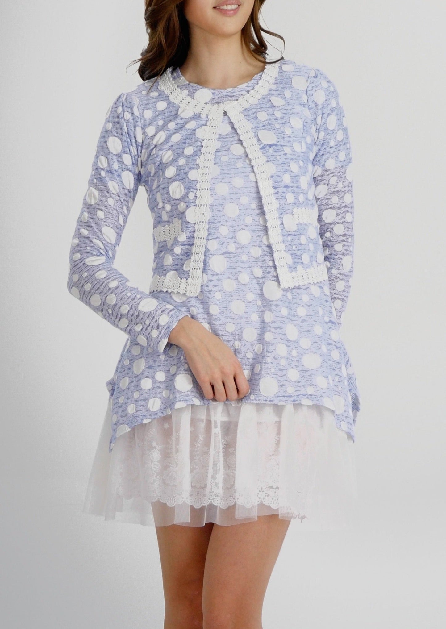 Destroyed Polka Dot Short Jacket with Lace Trim - Shop Lev