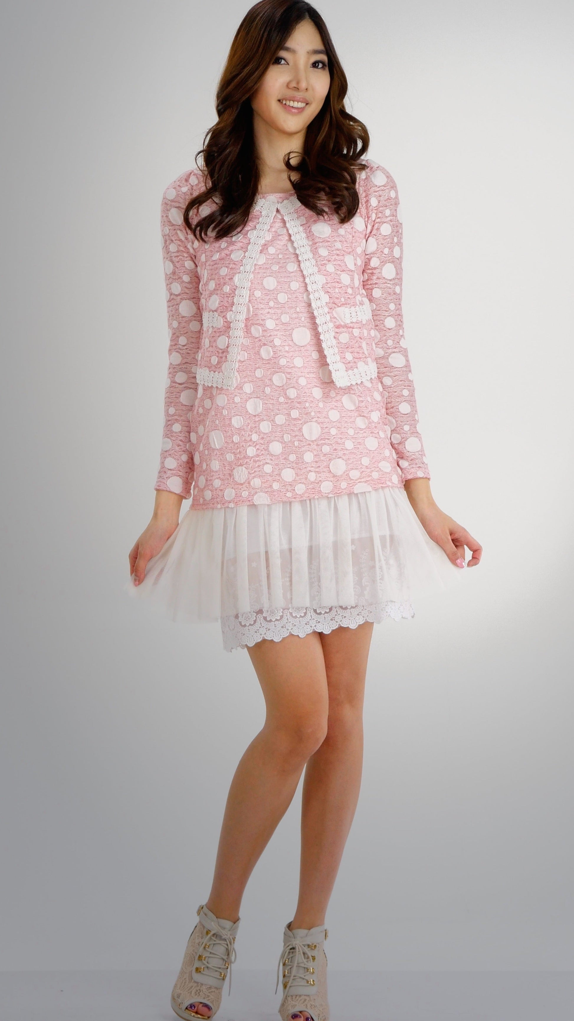 Destroyed Polka Dot Short Jacket with Lace Trim - Shop Lev