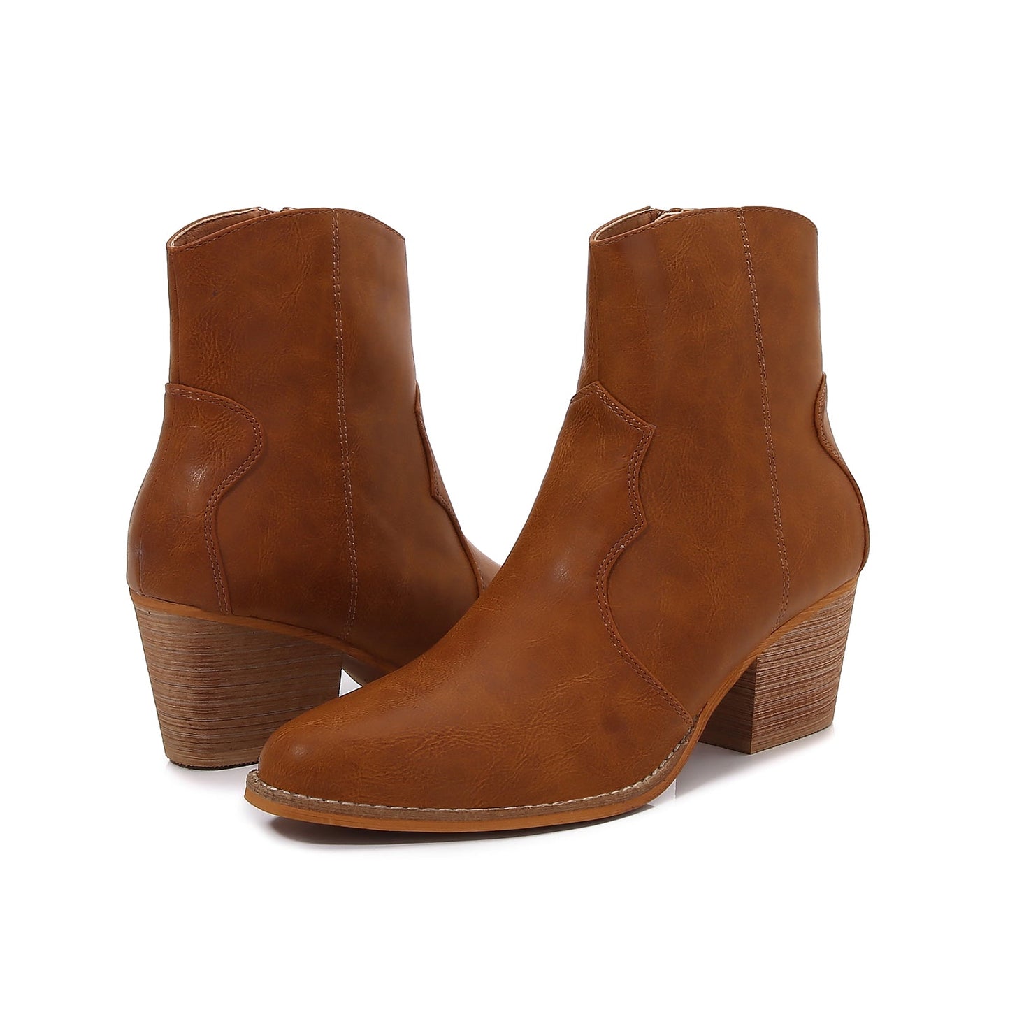 Women PU Leather Stacked Block Heel Western Cowboy Ankle Zip Up Boots