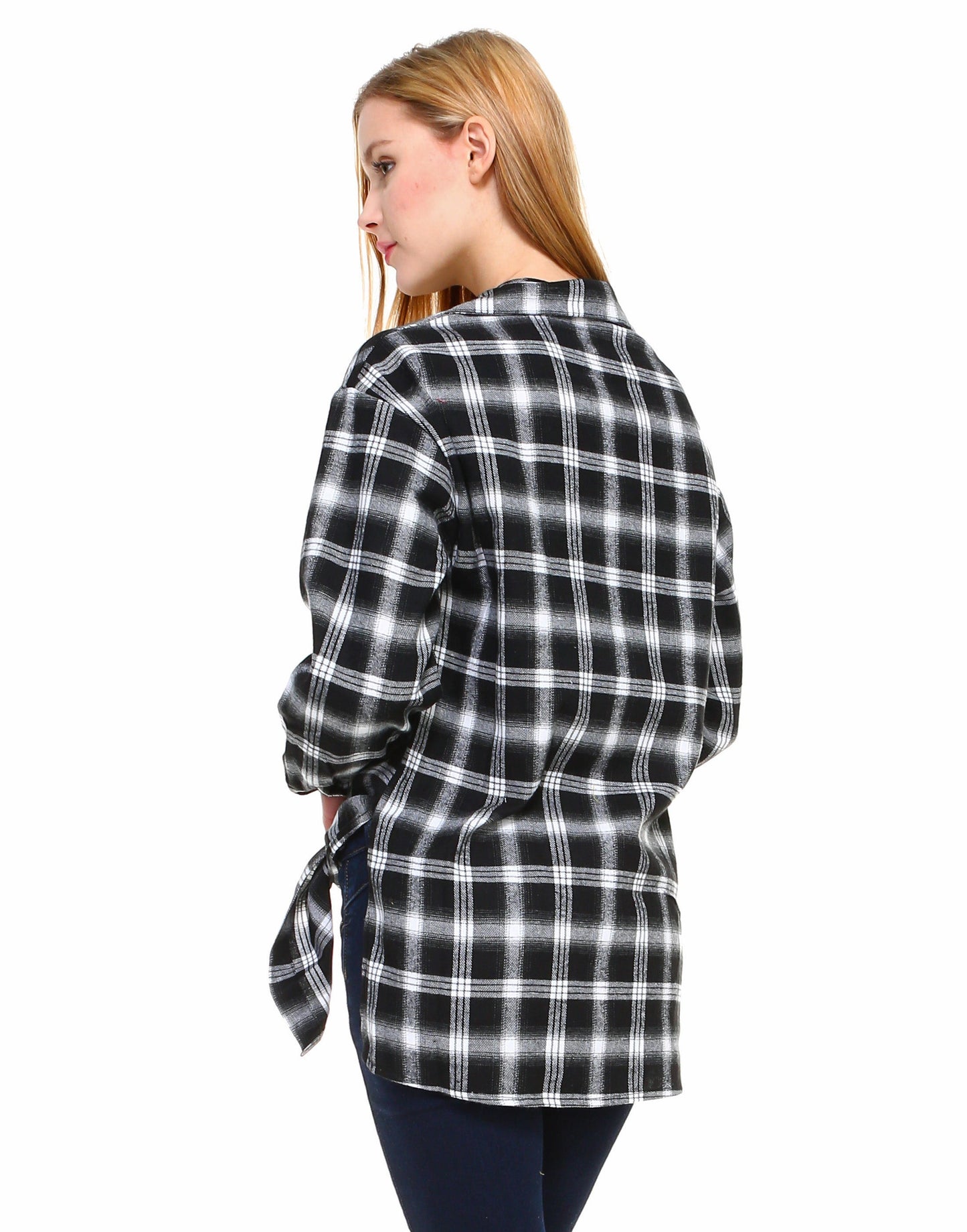 Plaid long sleeve button down shirt classic fit with front tie and side slits - Shop Lev