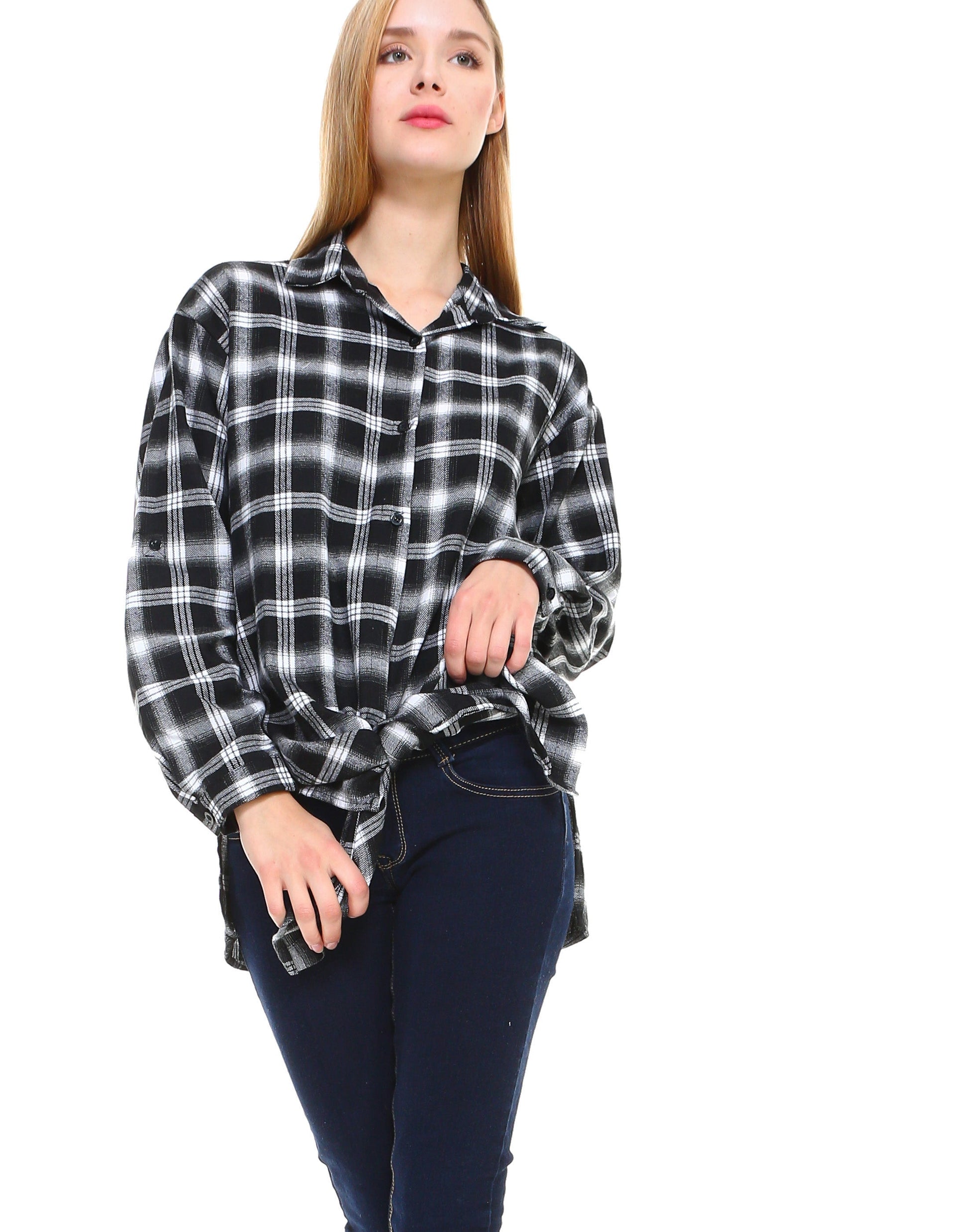 Plaid long sleeve button down shirt classic fit with front tie and side slits - Shop Lev