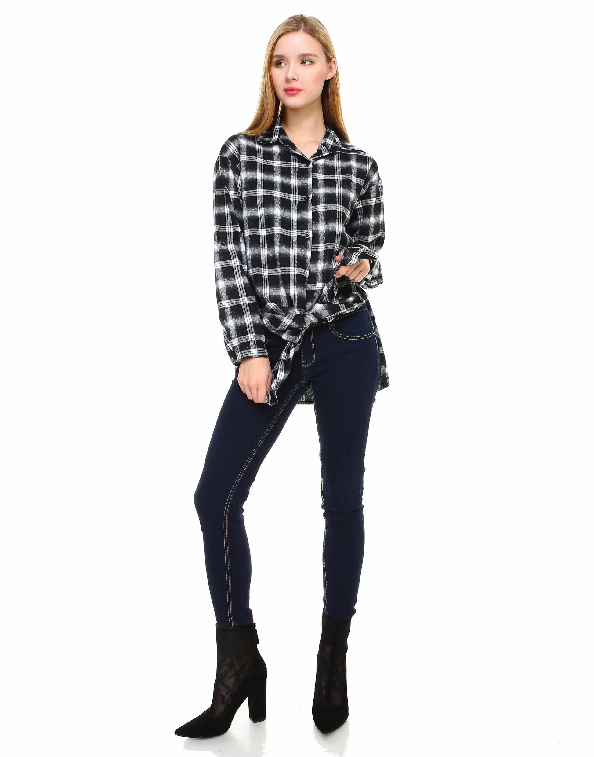 Plaid long sleeve button down shirt classic fit with front tie and side slits - Shop Lev