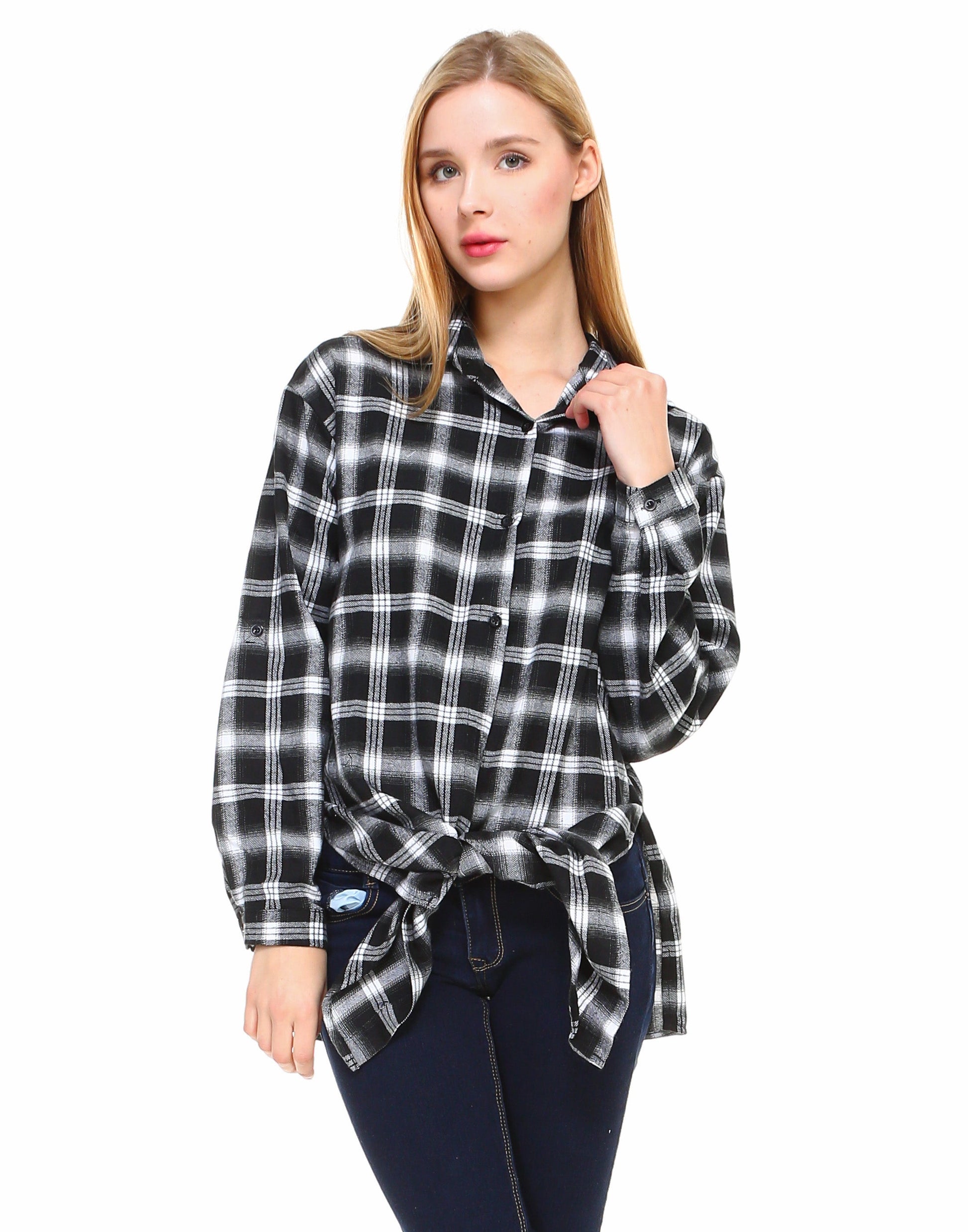 Plaid long sleeve button down shirt classic fit with front tie and side slits - Shop Lev