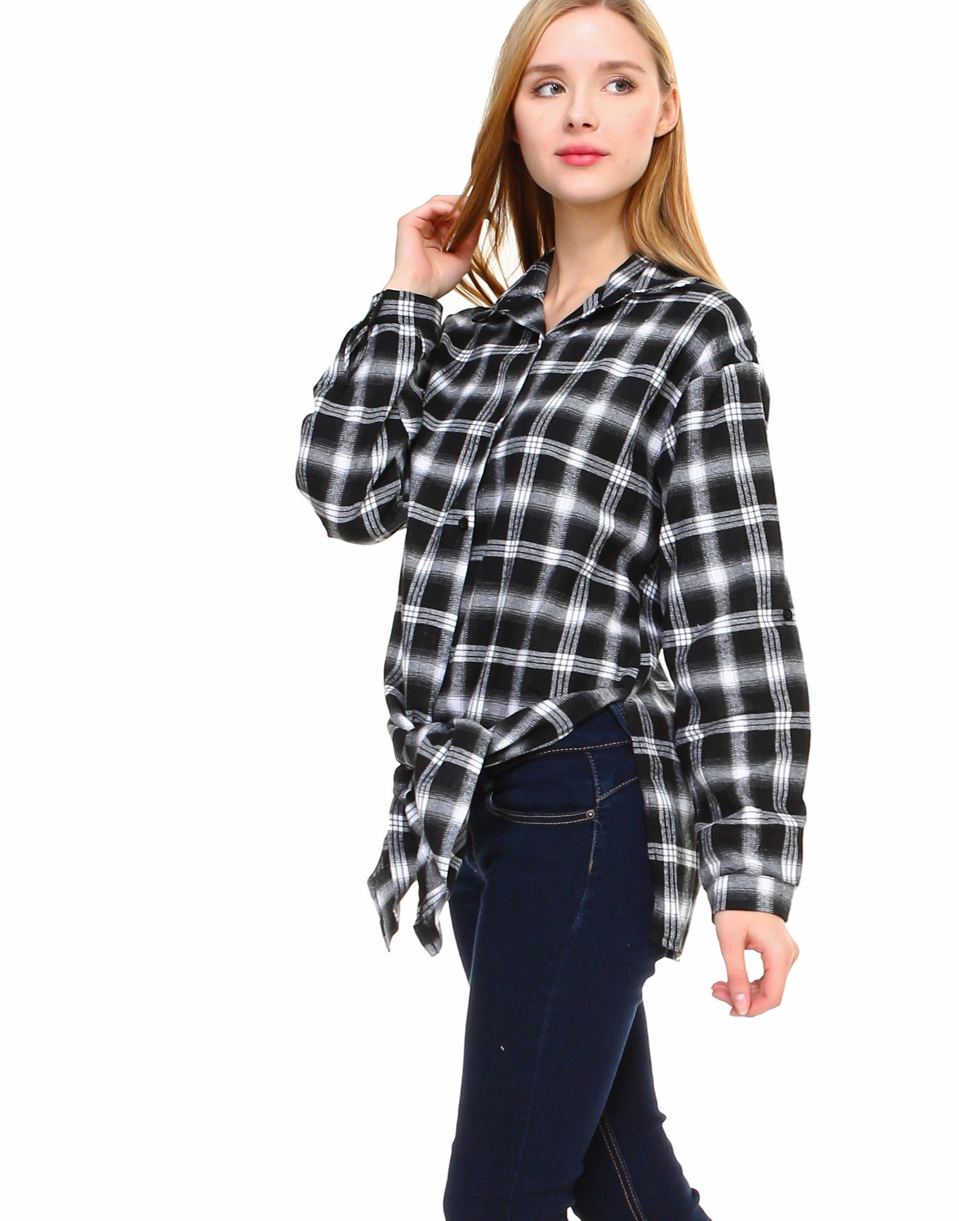 Plaid long sleeve button down shirt classic fit with front tie and side slits - Shop Lev