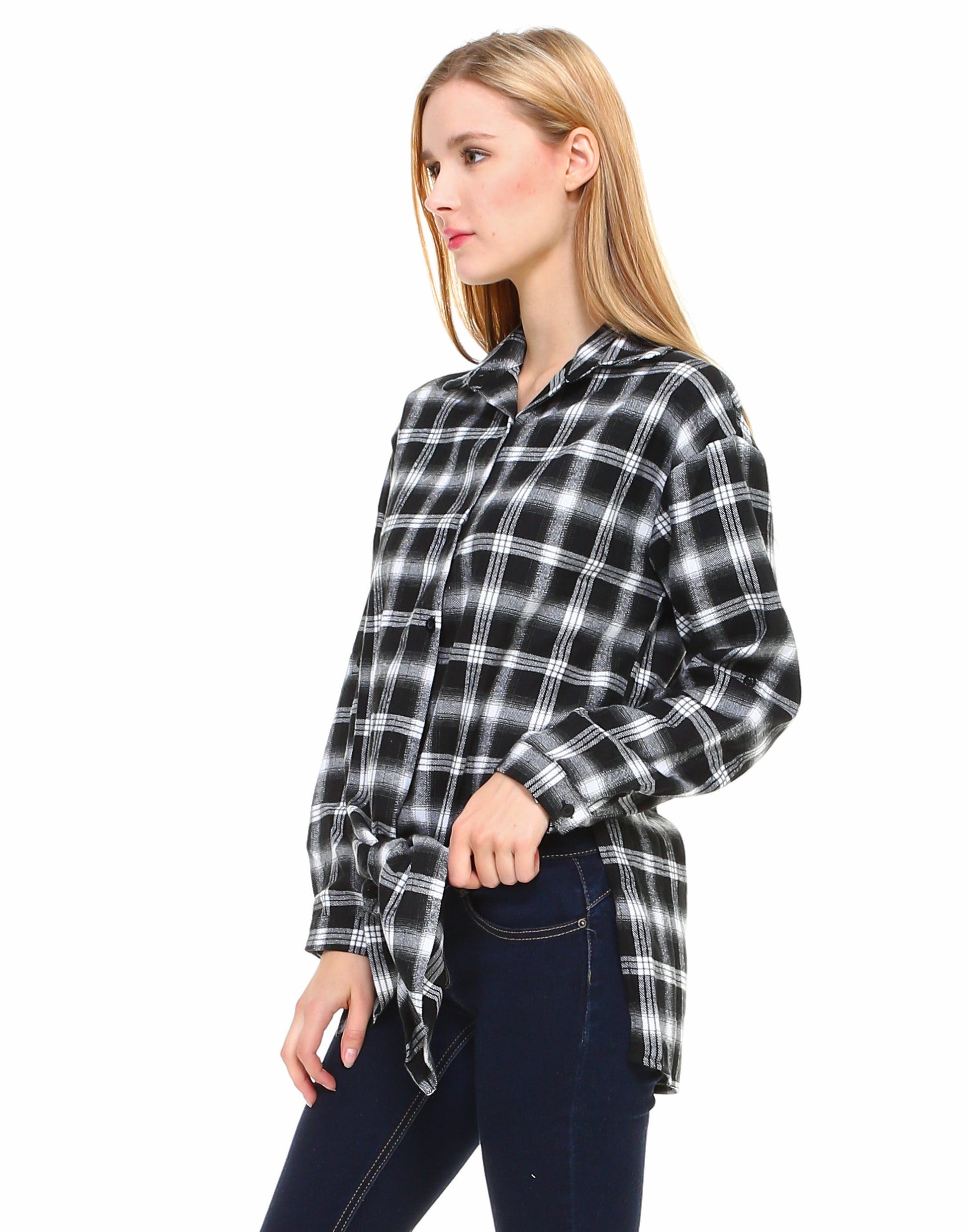 Plaid long sleeve button down shirt classic fit with front tie and side slits - Shop Lev