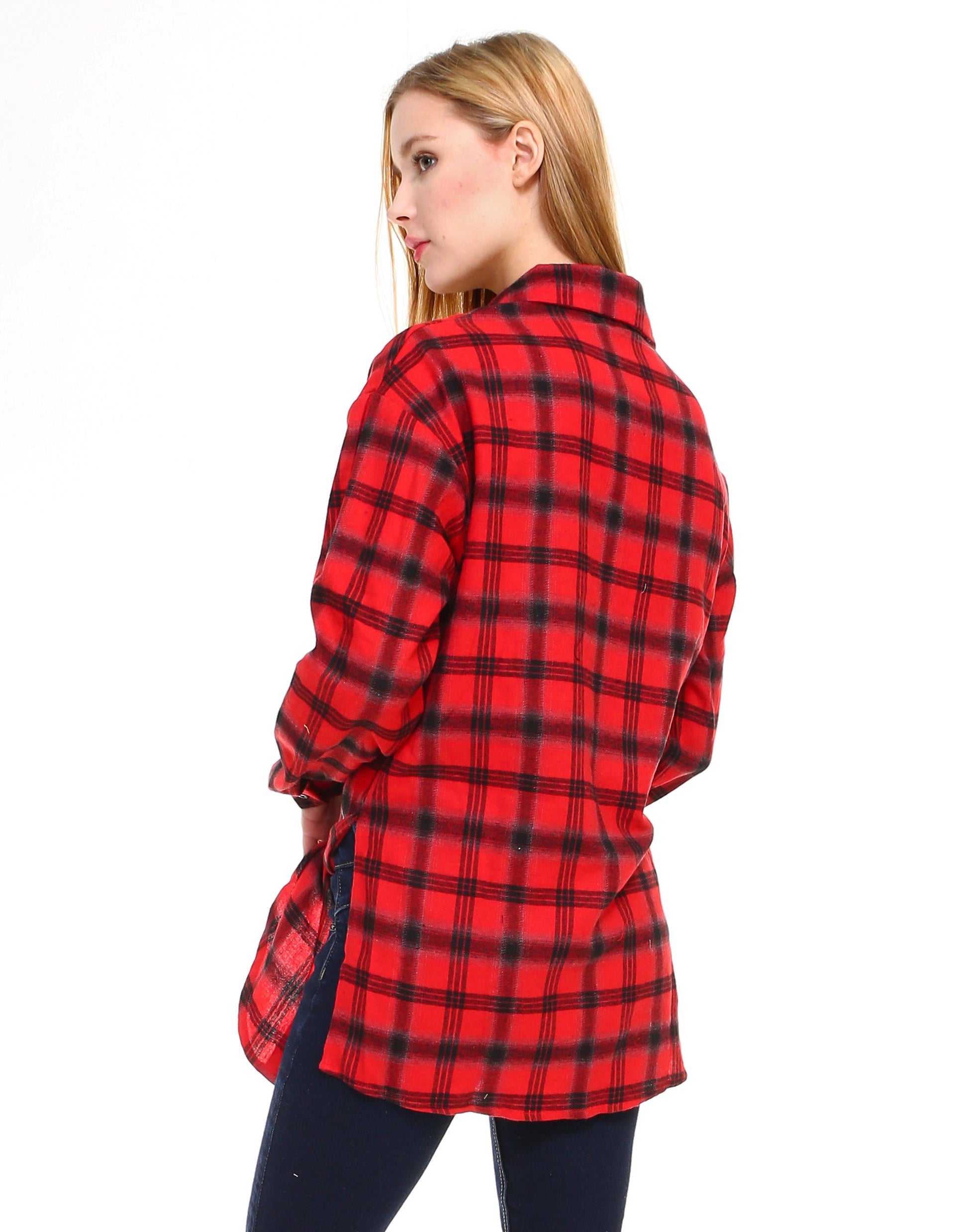 Plaid long sleeve button down shirt classic fit with front tie and side slits - Shop Lev