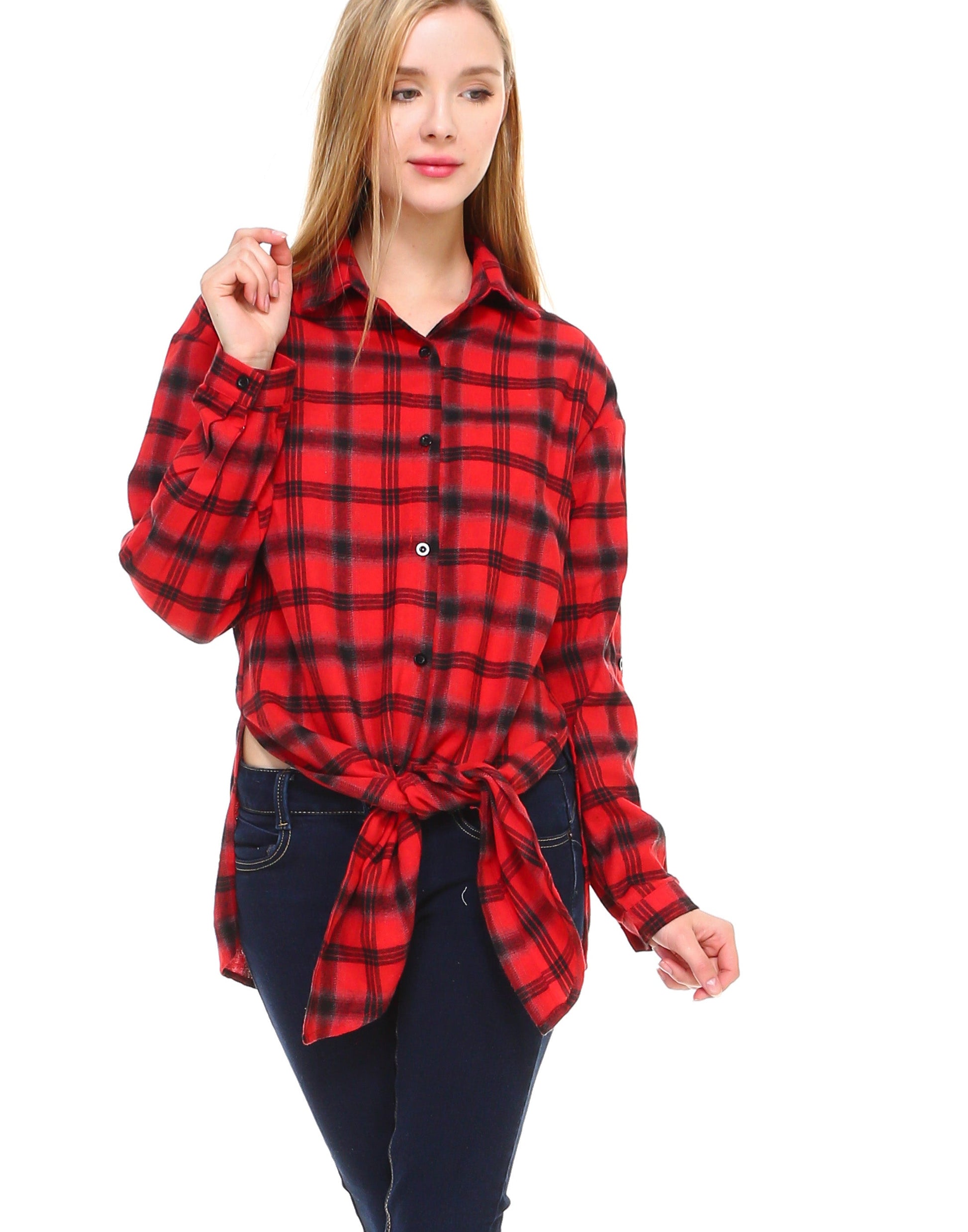 Plaid long sleeve button down shirt classic fit with front tie and side slits - Shop Lev