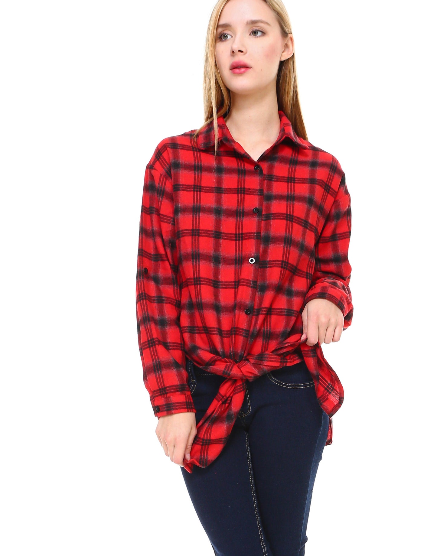 Plaid long sleeve button down shirt classic fit with front tie and side slits - Shop Lev