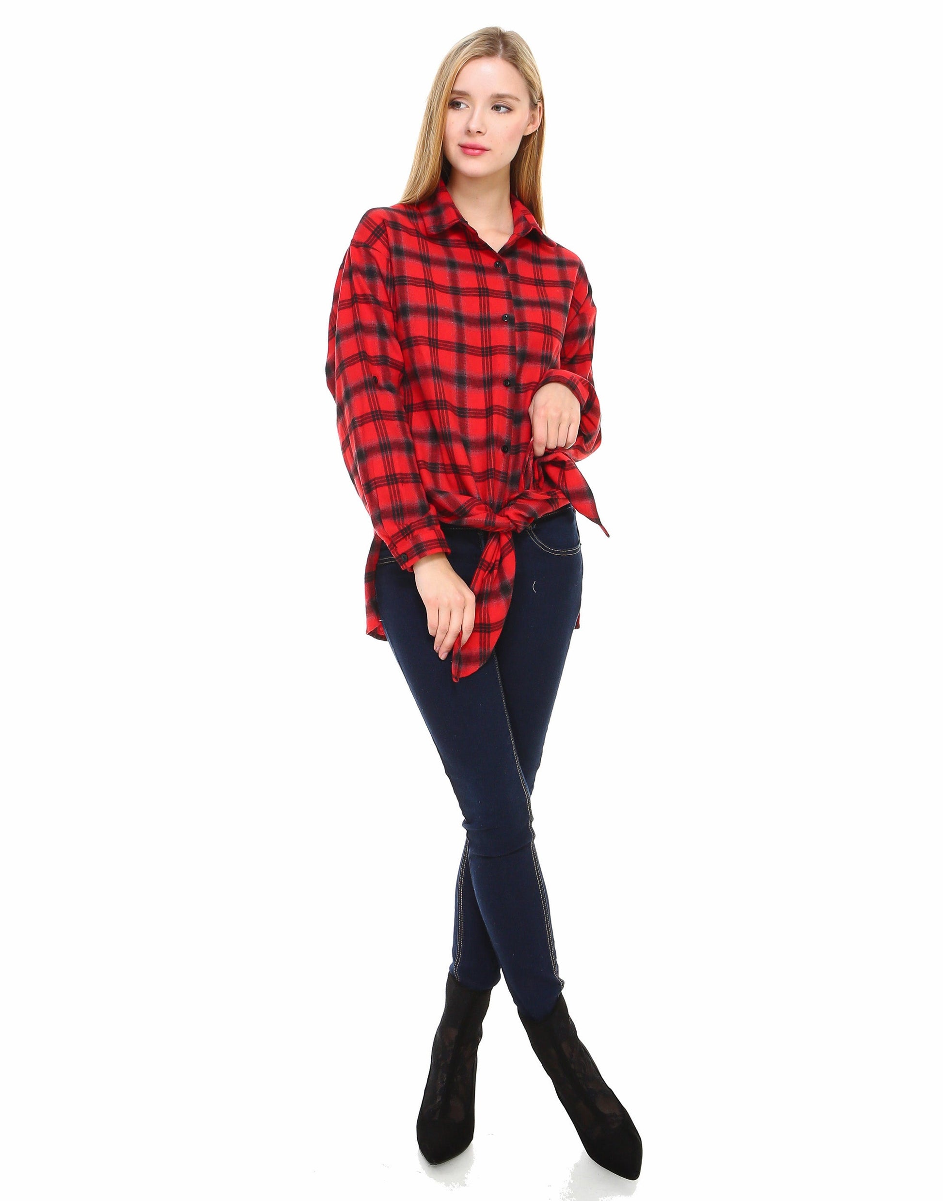 Plaid long sleeve button down shirt classic fit with front tie and side slits - Shop Lev