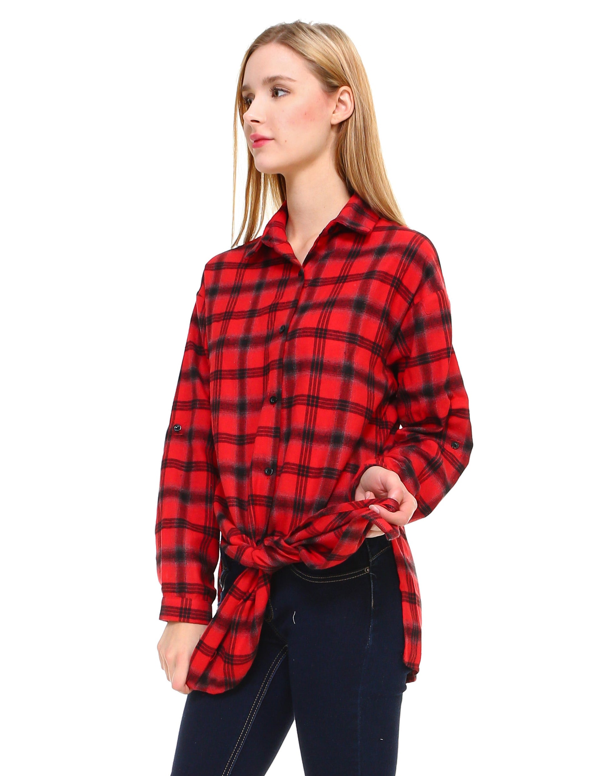 Plaid long sleeve button down shirt classic fit with front tie and side slits - Shop Lev