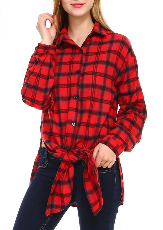 Plaid long sleeve button down shirt classic fit with front tie and side slits - Shop Lev