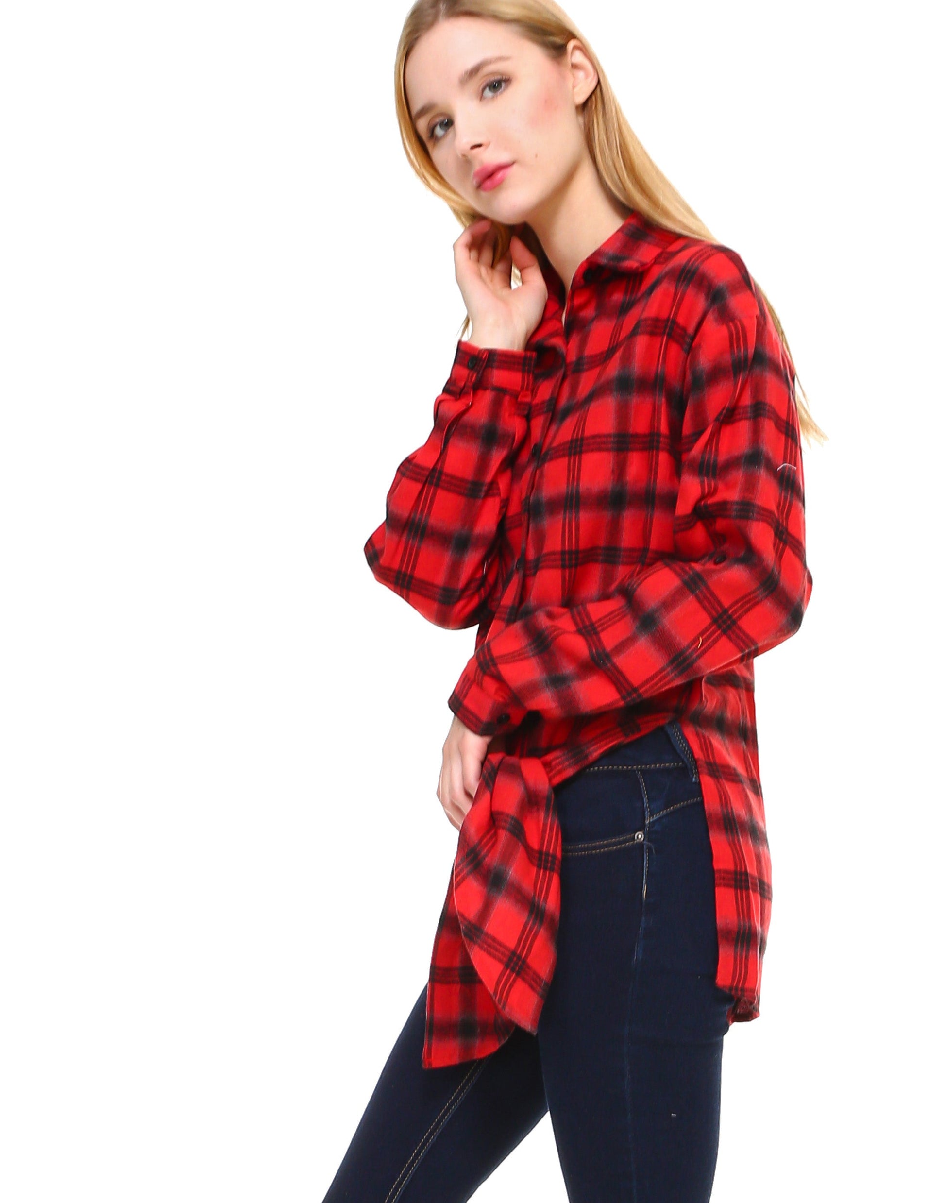 Plaid long sleeve button down shirt classic fit with front tie and side slits - Shop Lev