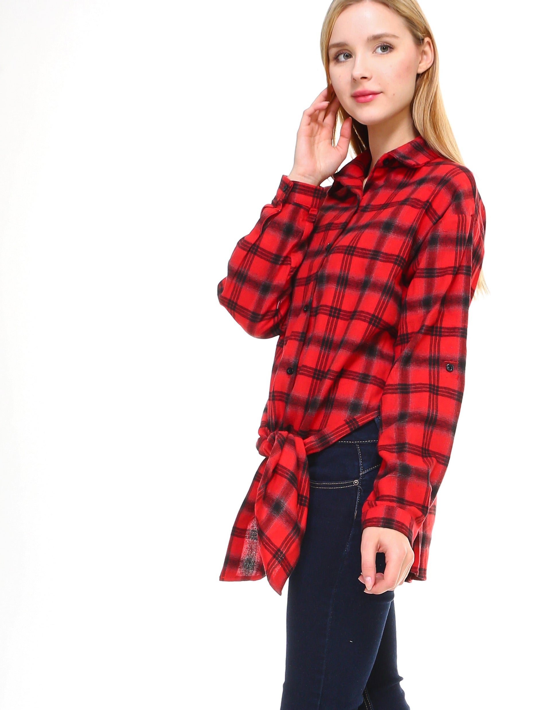 Plaid long sleeve button down shirt classic fit with front tie and side slits - Shop Lev