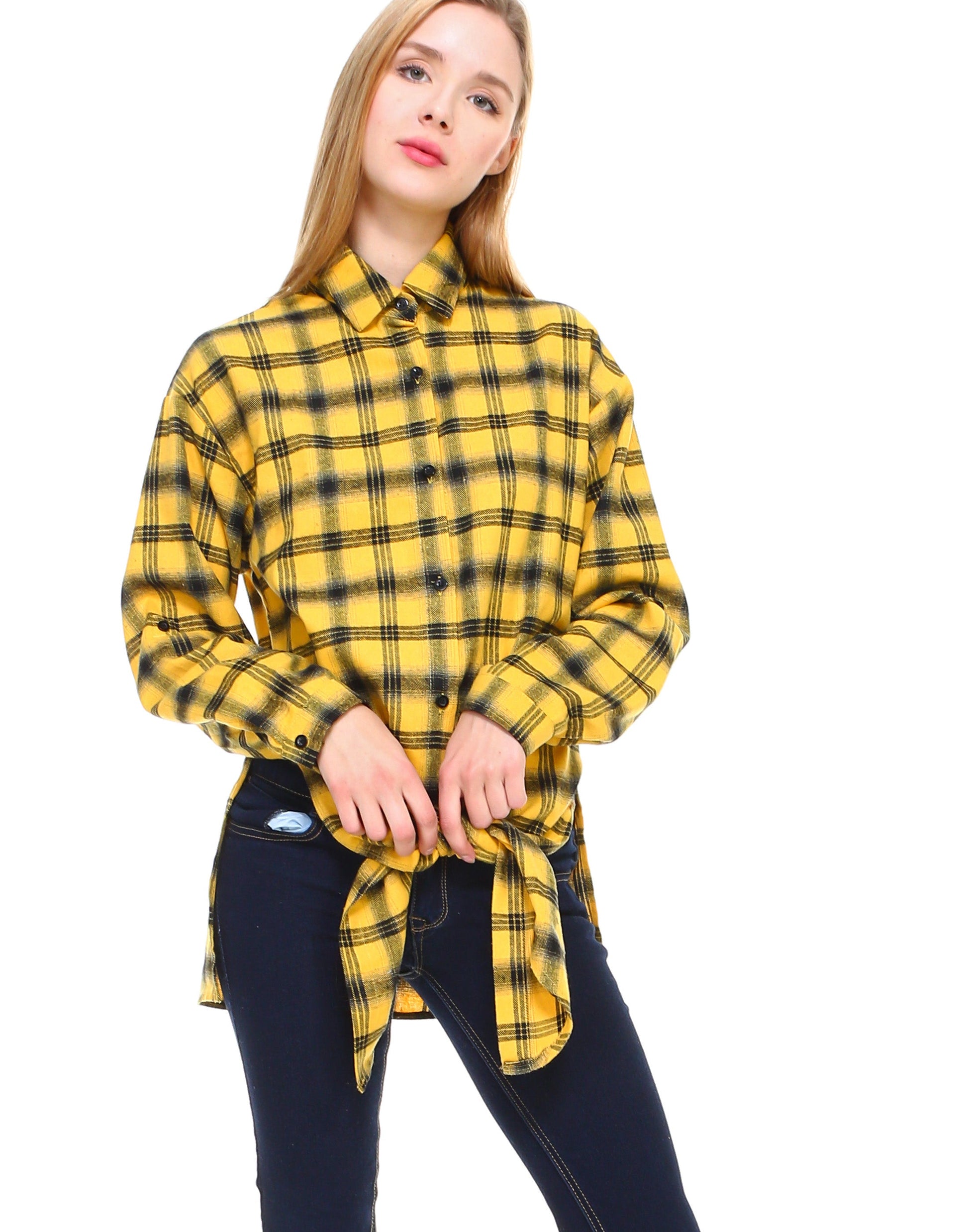 Plaid long sleeve button down shirt classic fit with front tie and side slits - Shop Lev