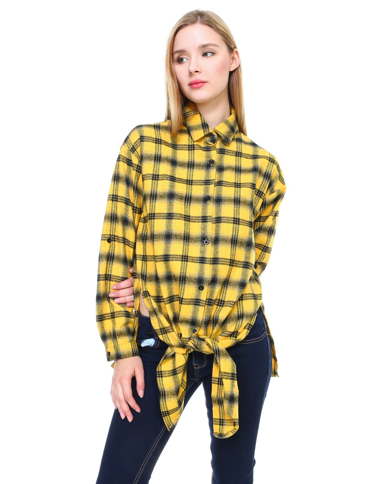 Plaid long sleeve button down shirt classic fit with front tie and side slits - Shop Lev