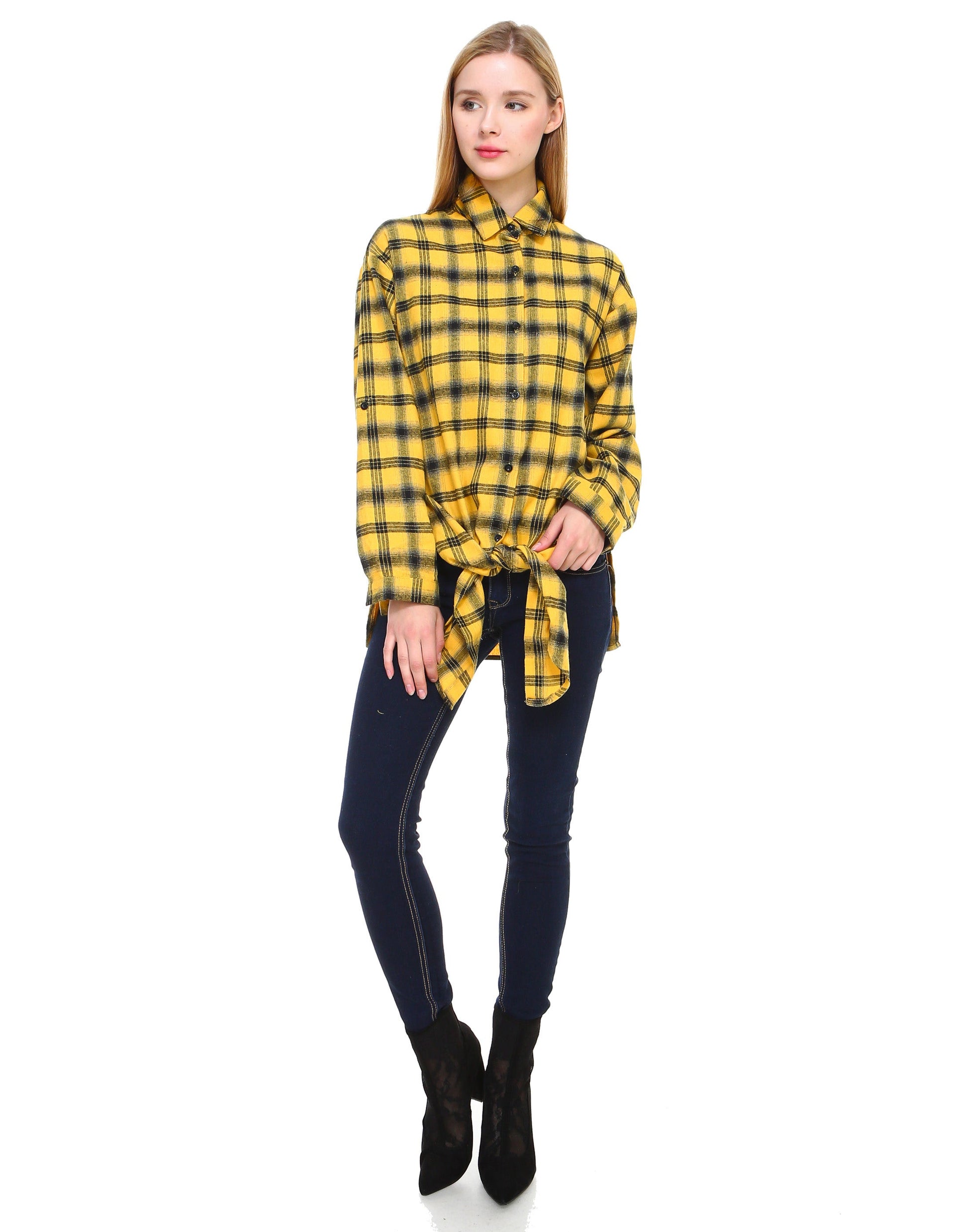 Plaid long sleeve button down shirt classic fit with front tie and side slits - Shop Lev