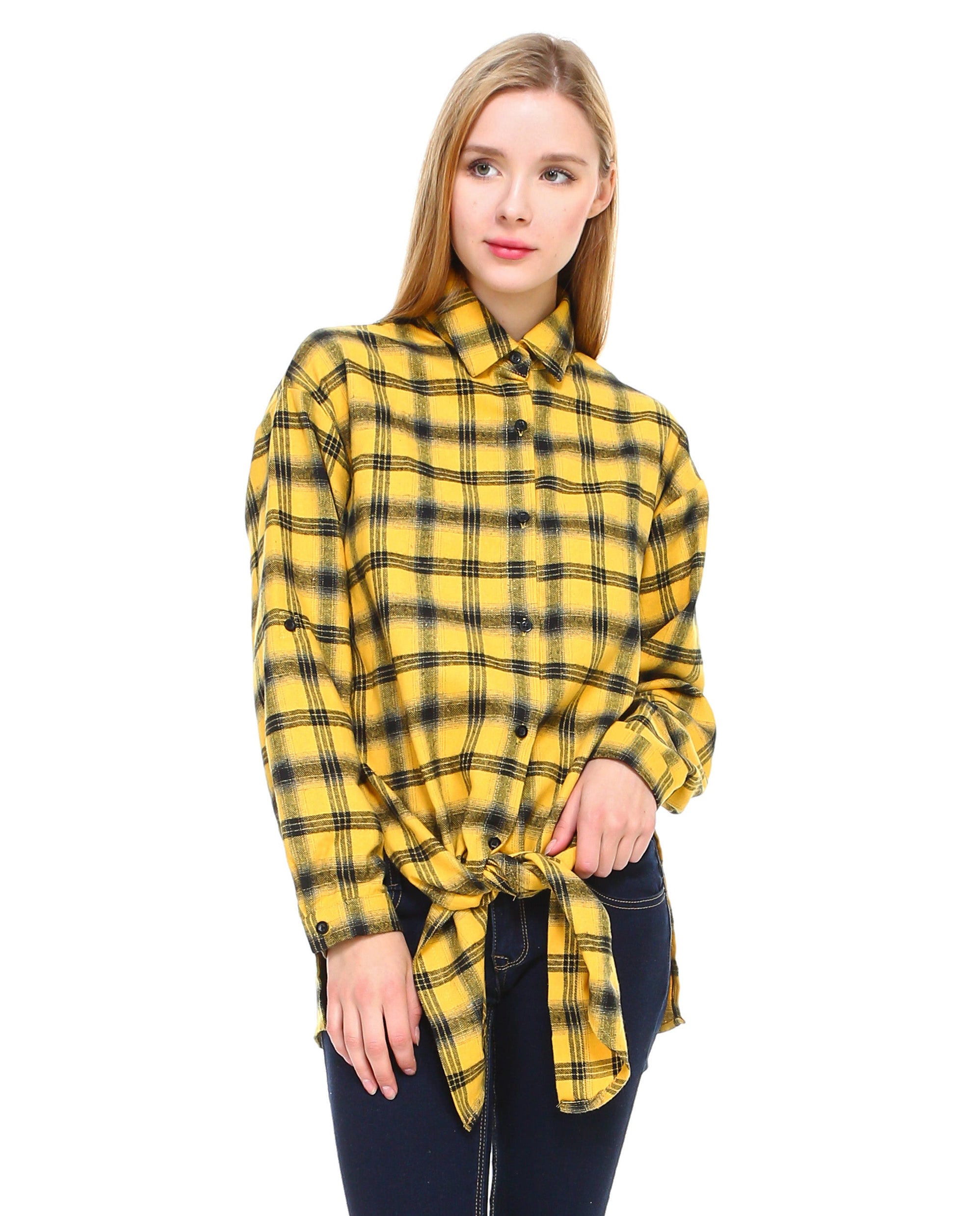 Plaid long sleeve button down shirt classic fit with front tie and side slits - Shop Lev