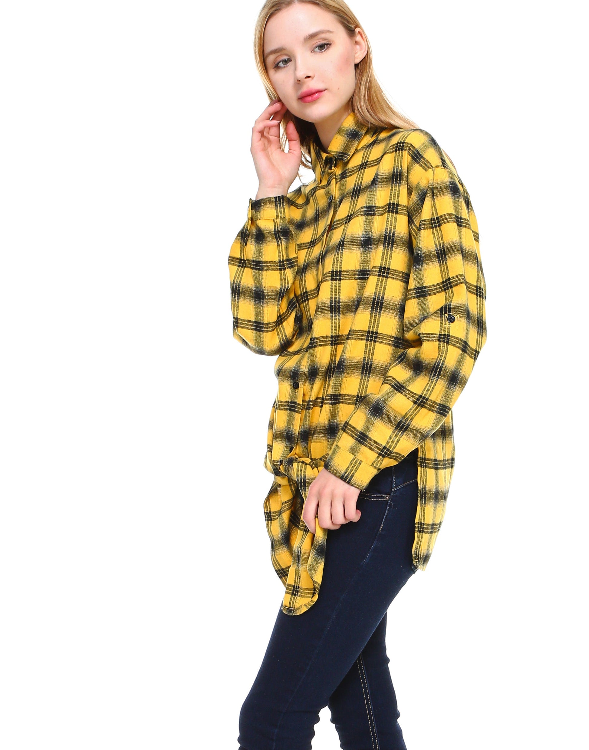 Plaid long sleeve button down shirt classic fit with front tie and side slits - Shop Lev