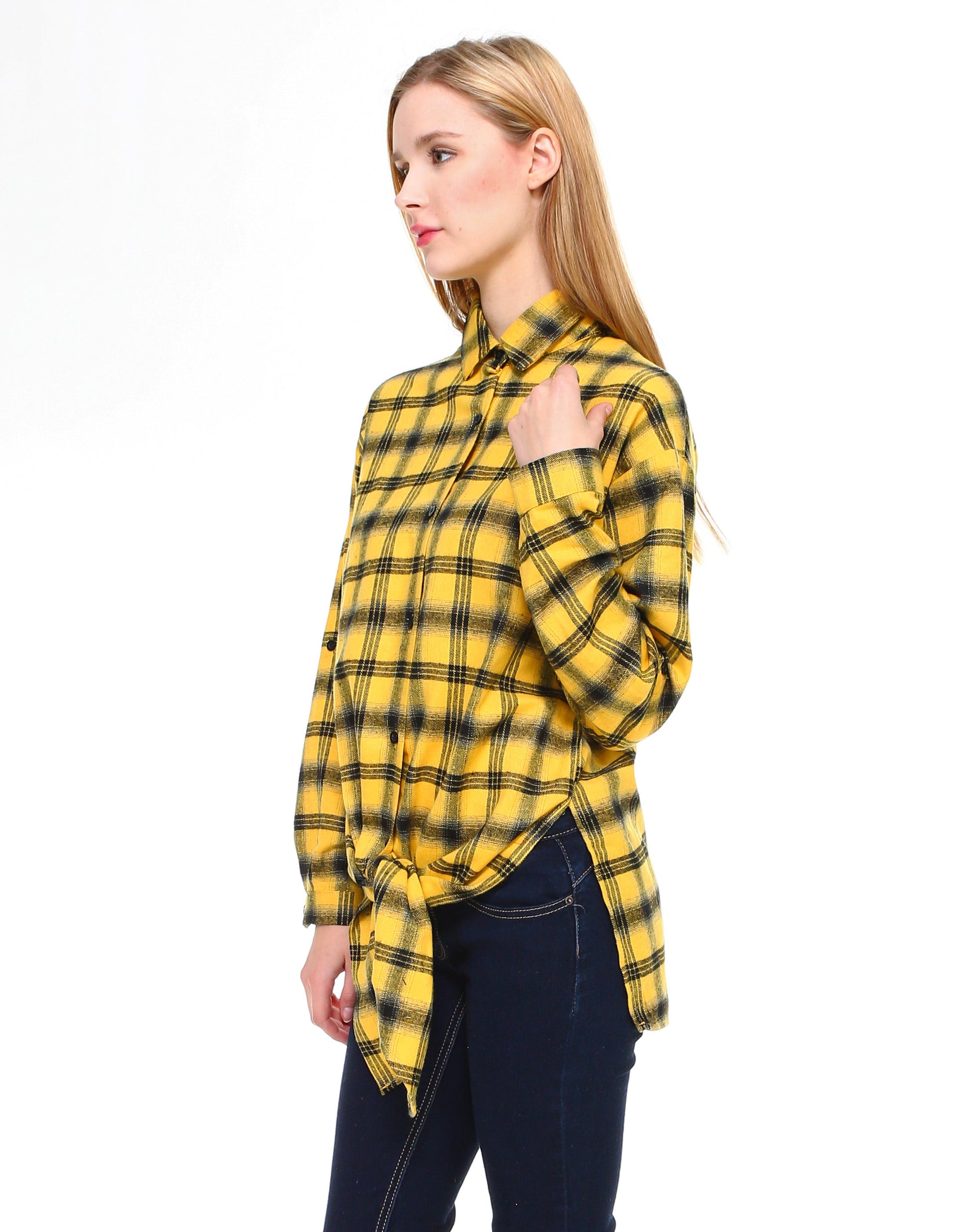 Plaid long sleeve button down shirt classic fit with front tie and side slits - Shop Lev