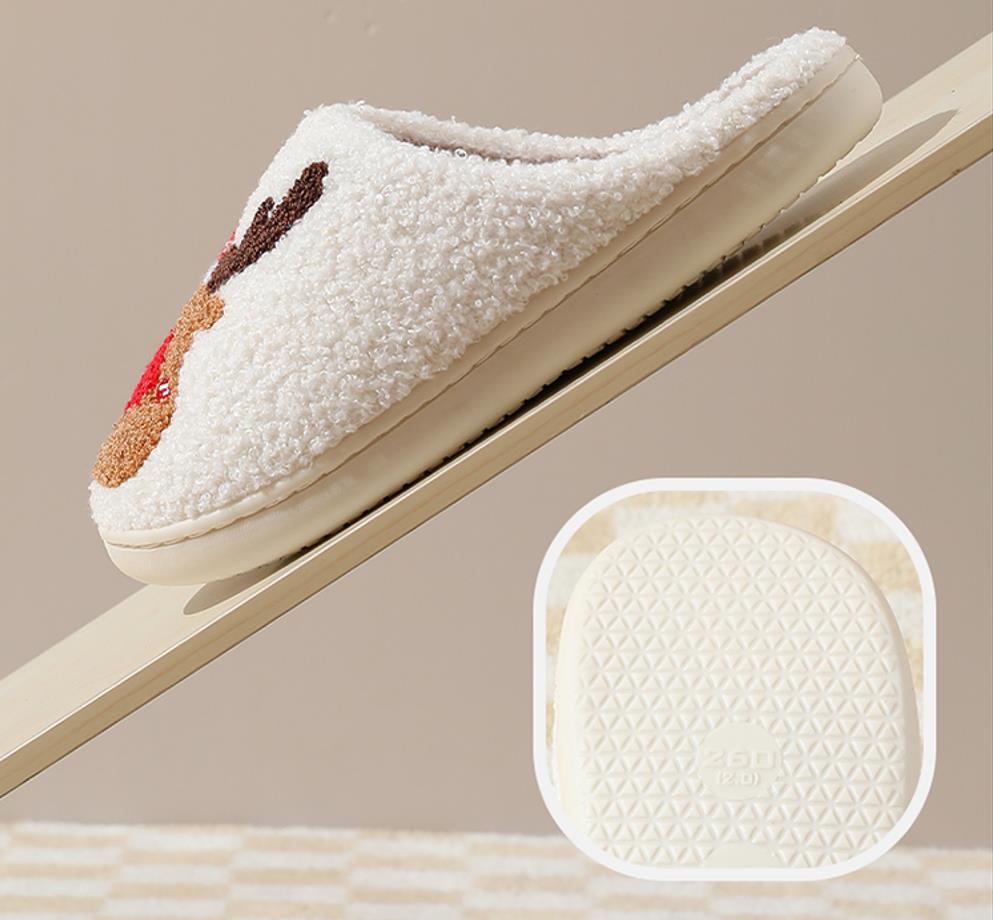 Christmas Reindeer Illustrated Comfort Cozy Plush Fluffy Fur Slip On Cushion Slippers