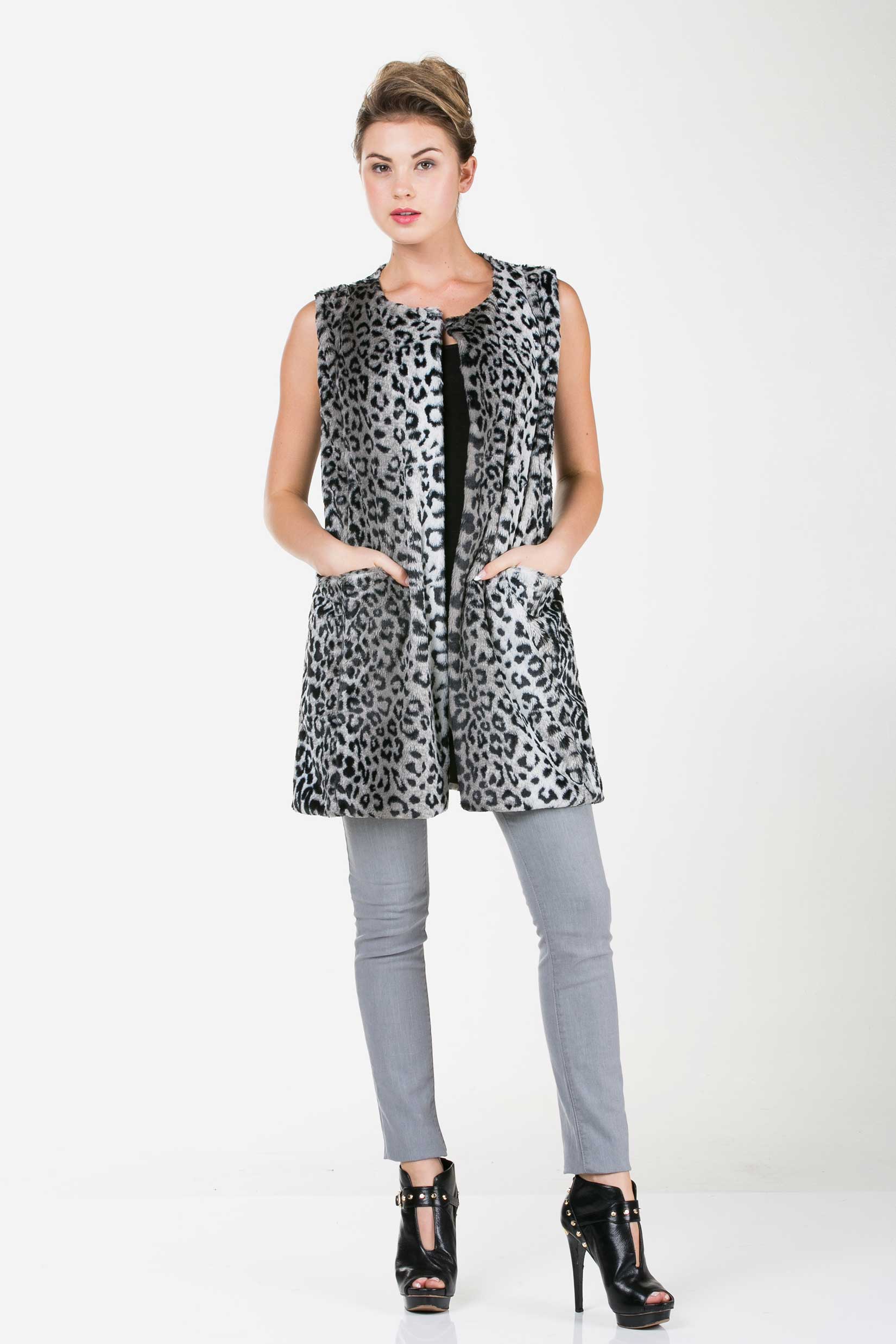 Women's Faux Fur Long Vest with Pocket on the Front - Shop Lev
