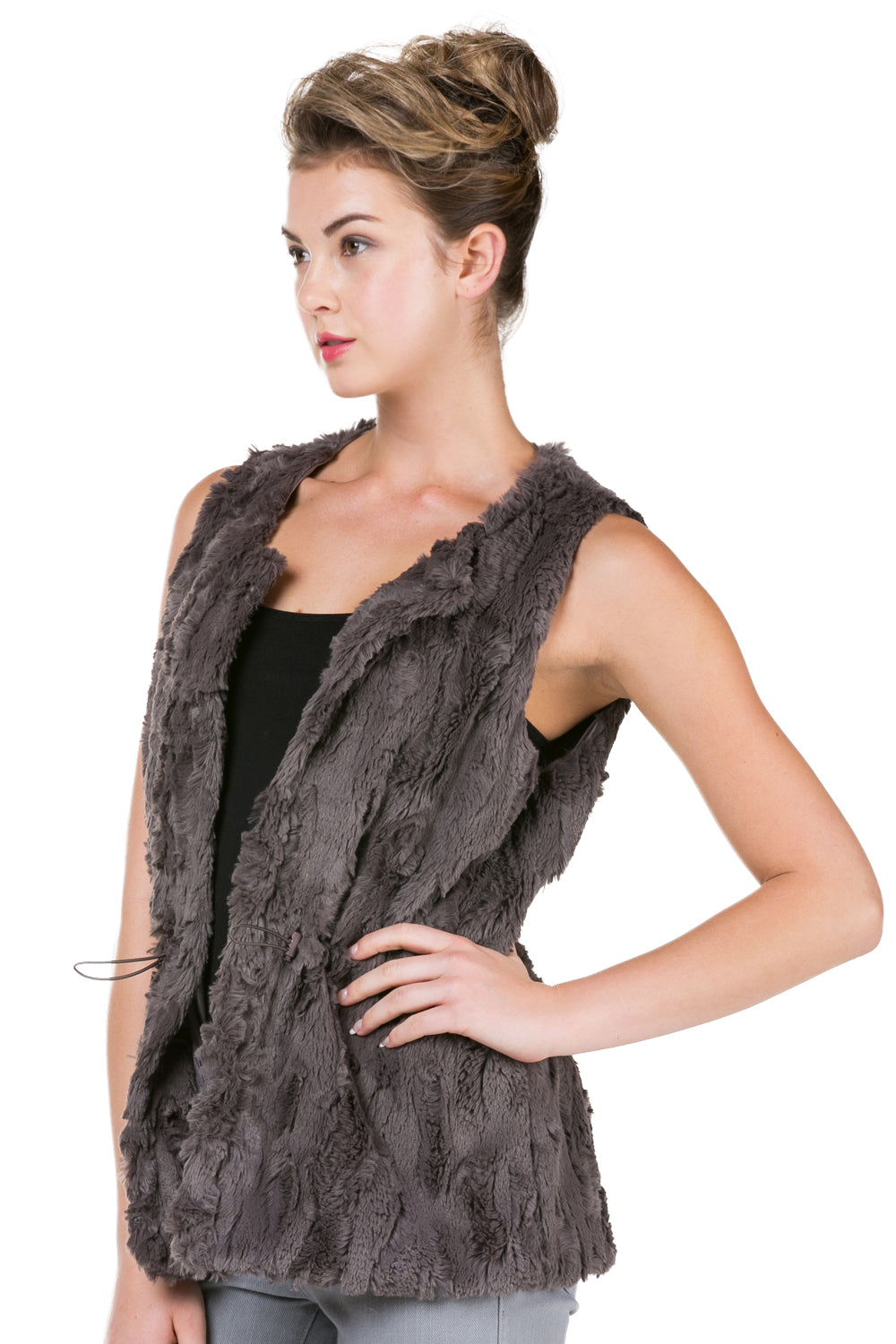 Women's Round Neck Faux Fur Short Open Vest - Shop Lev