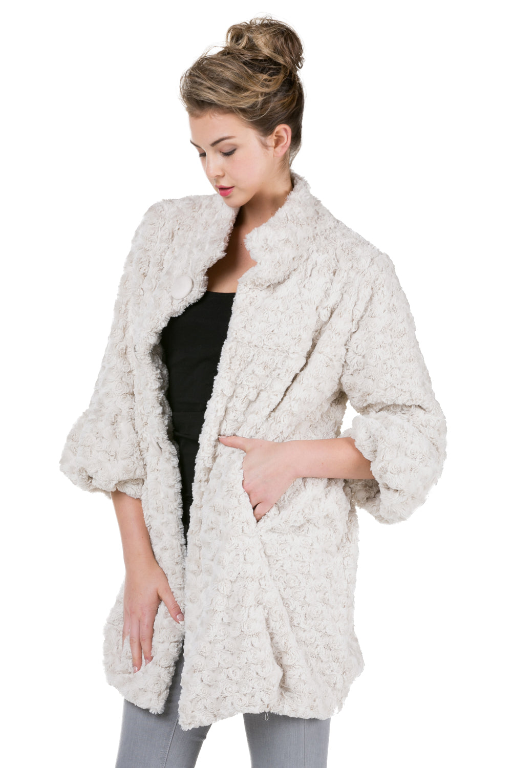 Women's Faux Fur Rose Half Coat Jacket with China Collar - Shop Lev