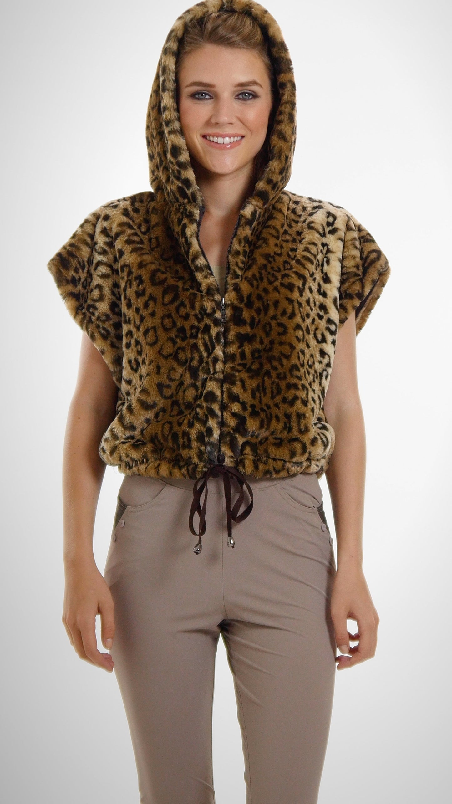 Cropped Faux Fur Casual Hoodie Short Sleeve Zip-up Jacket - Shop Lev