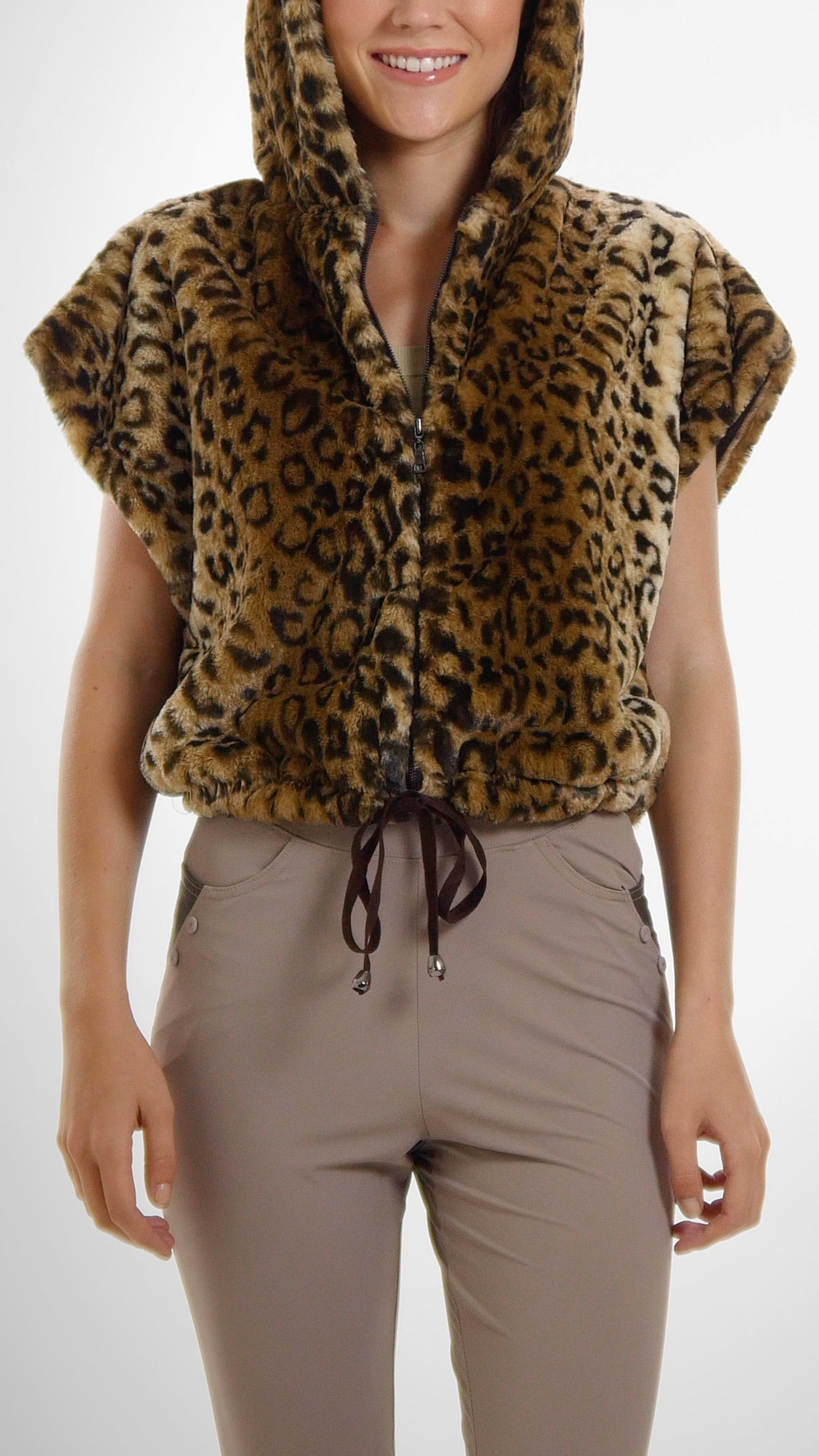 Cropped Faux Fur Casual Hoodie Short Sleeve Zip-up Jacket - Shop Lev